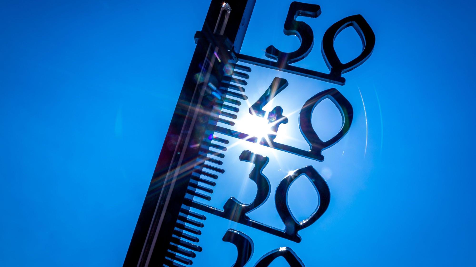 Ein Außenthermometer in einem Kleingarten zeigt die Temperatur von knapp 40 Grad.