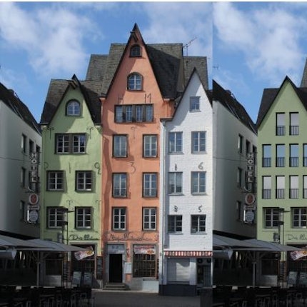 Das Bild zeigt links den alten Zustand der Häuschen, rechts die vom Verein Stadtbild Deutschland befürchtete neue Fassadengestaltung.