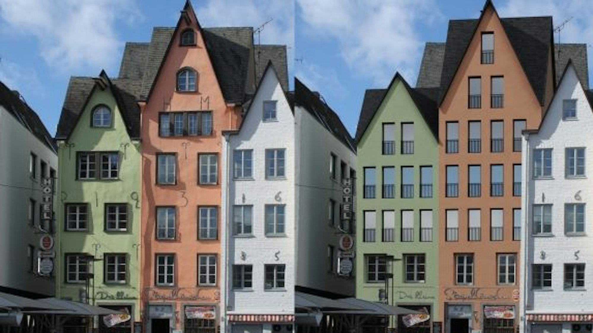 Das Bild zeigt links den alten Zustand der Häuschen, rechts die vom Verein Stadtbild Deutschland befürchtete neue Fassadengestaltung.