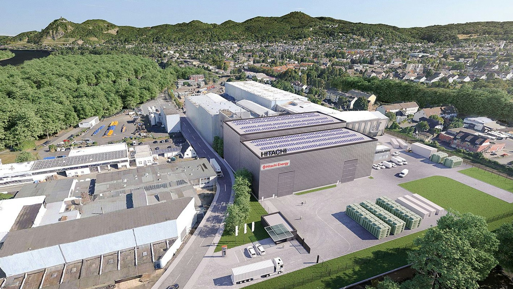 Eine Visualisierung zeigt ein großes Firmengebäude und im Hintergrund die Hügel des Siebengebirges.