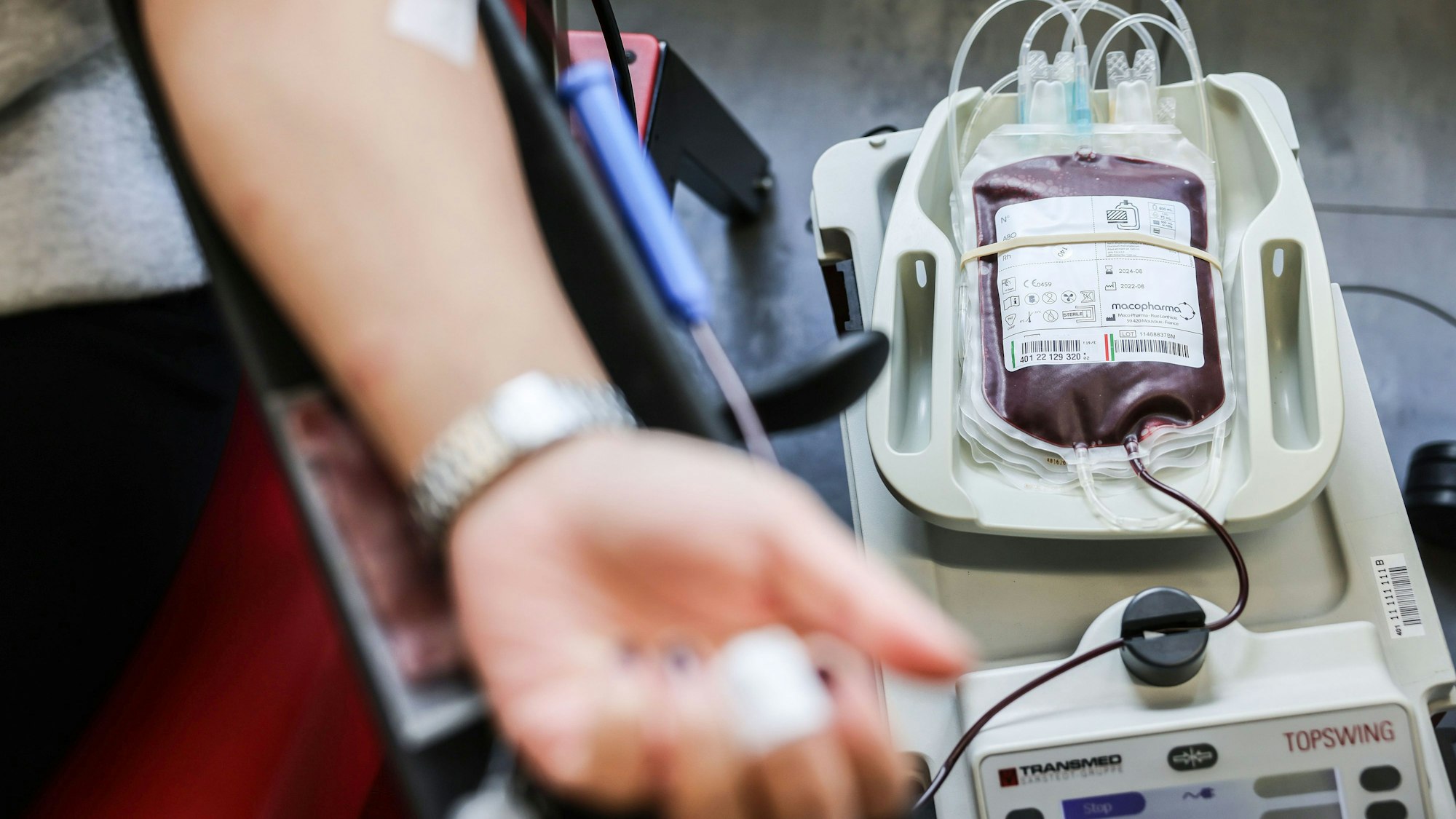 Eine Person spendet Blut im DRK-Blutspendezentrum am Kölner Neumarkt.