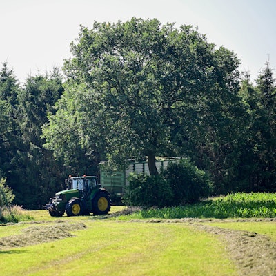 Ein Landwirt fährt mit Traktor über eine Wiese nahe des Fundortes einer Kinderleiche. Über zwei Monate nach dem Verschwinden des sechsjährigen Arian hat ein Landwirt im Norden Niedersachsens bei Mäharbeiten die Kinderleiche gefunden.