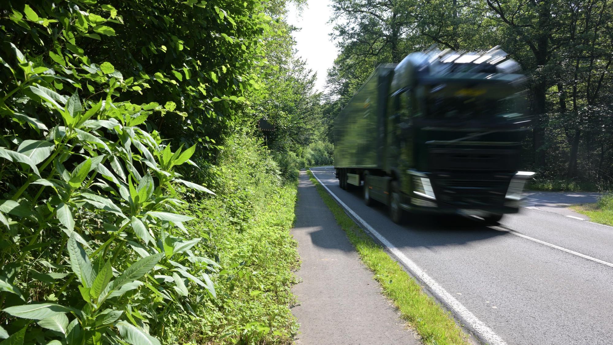 Eine Landstraße, darauf ist ein großer Lastwagen unterwegs, daneben ein schmale Fußweg.