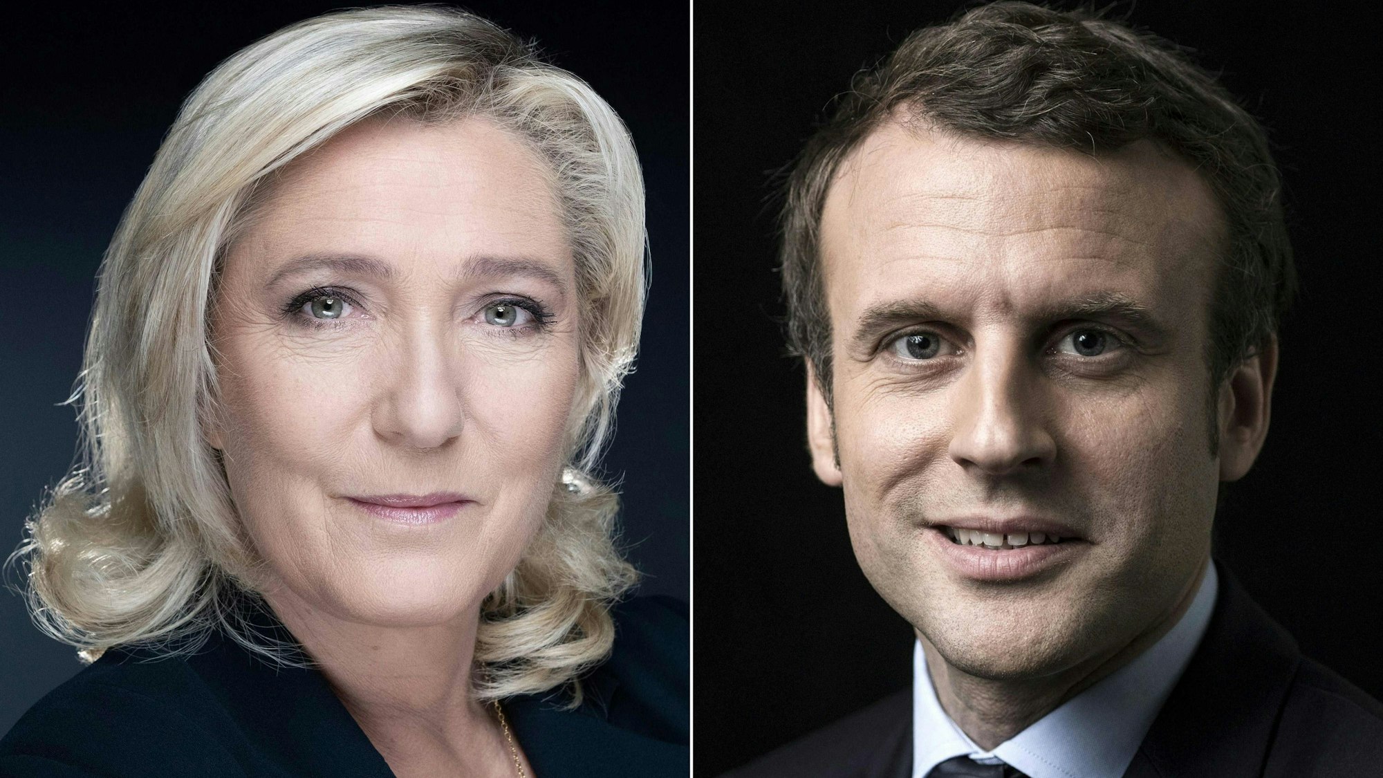 Auf der Bildkombination sind der französische Präsident Emmanuel Macron (r) und die Parteivorsitzende der Rassemblement National (RN) Marine Le Pen zu sehen. (Archivbild)