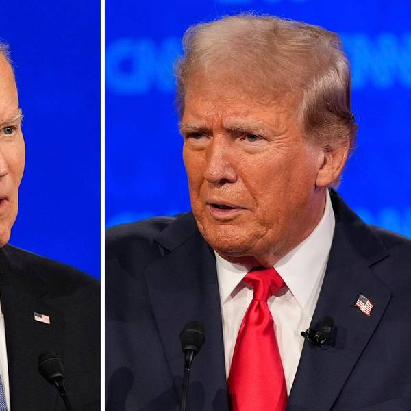 Diese Fotokombination zeigt den ehemaligen US-Präsidenten Donald Trump (r) und US-Präsident Joe Biden während einer von CNN veranstalteten Präsidentschaftsdebatte.