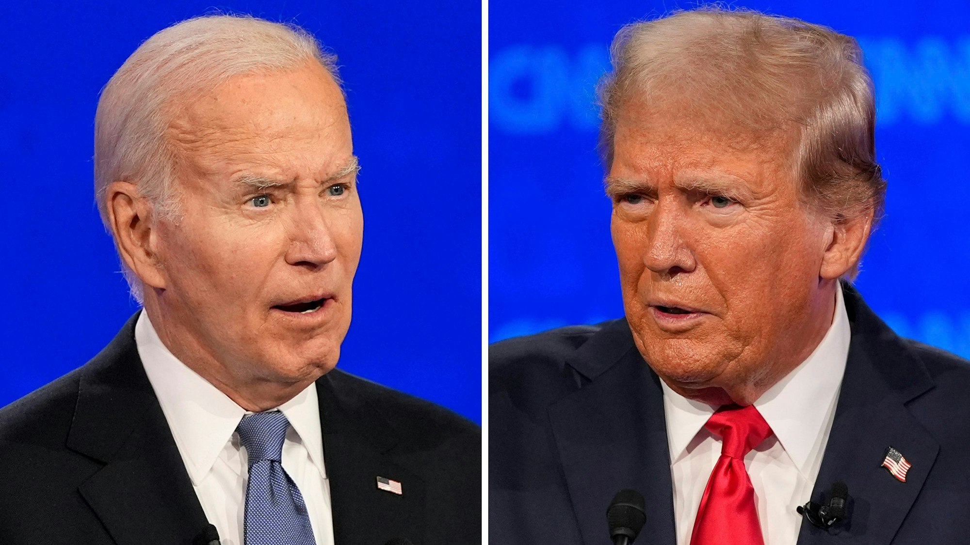 Diese Fotokombination zeigt den ehemaligen US-Präsidenten Donald Trump (r) und US-Präsident Joe Biden während einer von CNN veranstalteten Präsidentschaftsdebatte.