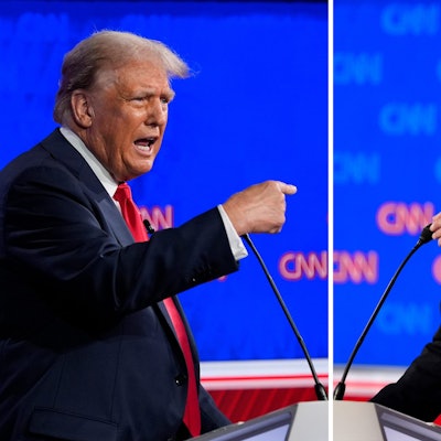 Diese Fotokombination zeigt den ehemaligen US-Präsidenten Donald Trump (l) und US-Präsident Joe Biden während einer von CNN veranstalteten Präsidentschaftsdebatte.