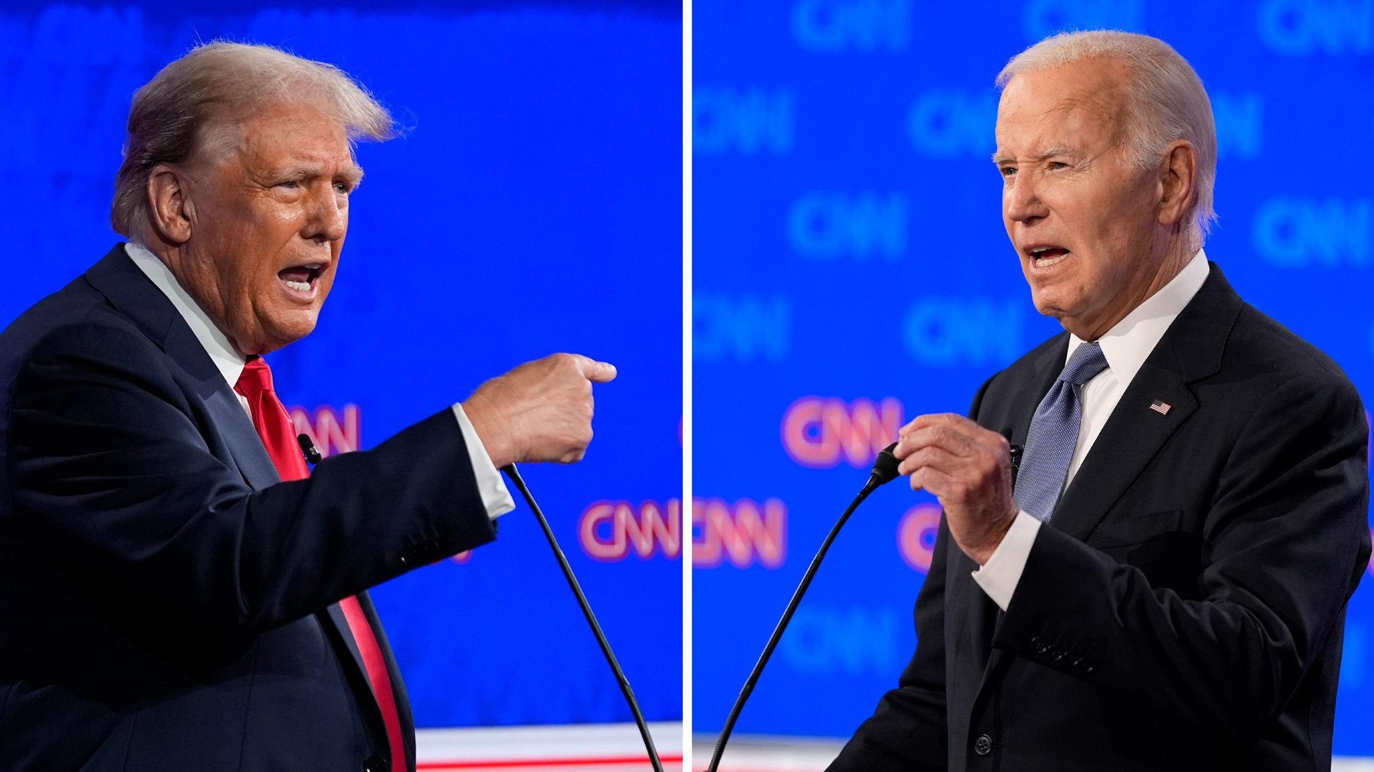 Diese Fotokombination zeigt den ehemaligen US-Präsidenten Donald Trump (l) und US-Präsident Joe Biden während einer von CNN veranstalteten Präsidentschaftsdebatte.