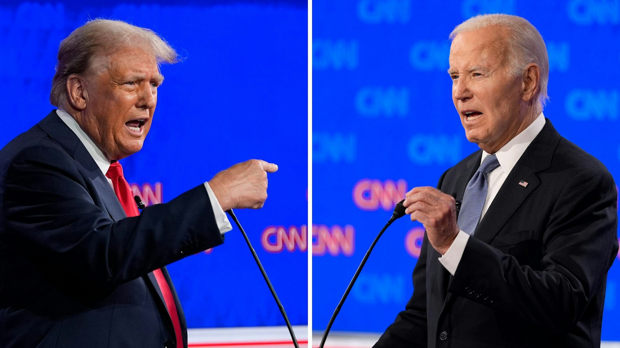 Diese Fotokombination zeigt den ehemaligen US-Präsidenten Donald Trump (l) und US-Präsident Joe Biden während einer von CNN veranstalteten Präsidentschaftsdebatte.