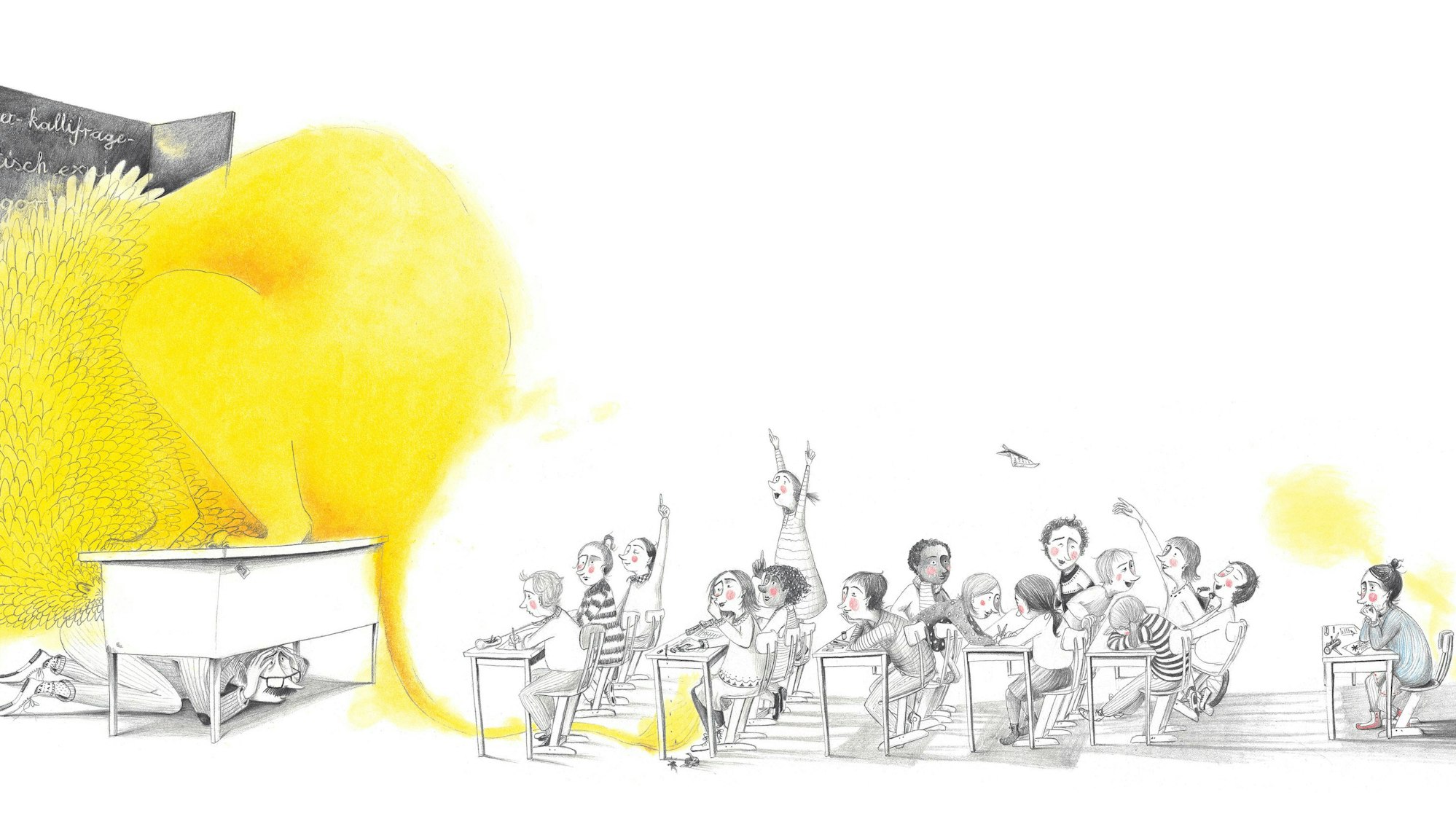 Eine Bilderbuchillustration zeigt eine Schulklasse, auf dem Lehrerpult sitzt ein Löwe. Unter dem Pult liegt die Lehrerin, während die Kinder jubeln.