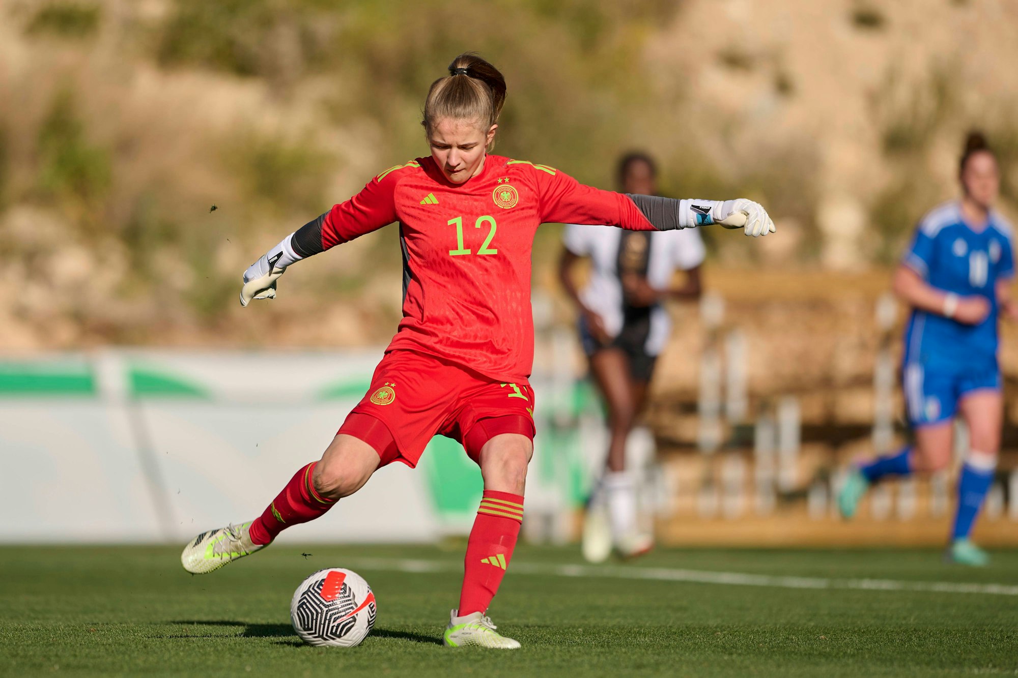 Friendly Match, Germany WU19 and Italy WU19, Benidorm. SPAIN BENIDORM, SPAIN - FEBRUARY 27: Anne Moll of Germany WU19 Frauen and Bayer Leverkusen W in action during the International Womens Friendly match between Germany WU19 and Italy WU19 at La Nucia Football Center, on February 27, 2024 in La Nucia, Benidorm, Spain. Photo By Francisco Macia/Photo Players Images La Nucia La Nucia Football Centre Alicante Spain Copyright: xFranciscoxMacia/PhotoxPlayersxImagesx
