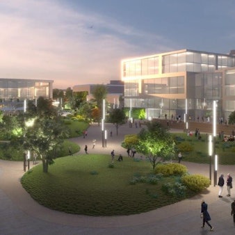 Visualisierung des BLB NRW: Grüne Inseln, breite Flaniermeile und helle Architektur