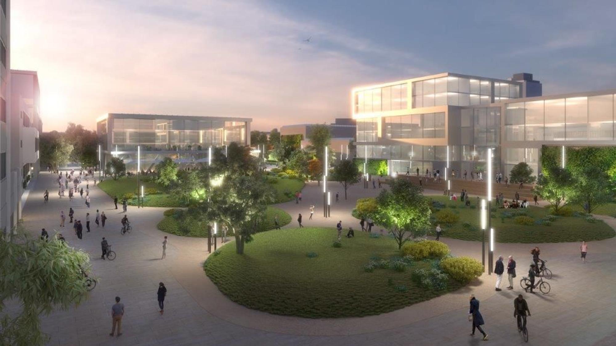 Visualisierung des BLB NRW: Grüne Inseln, breite Flaniermeile und helle Architektur