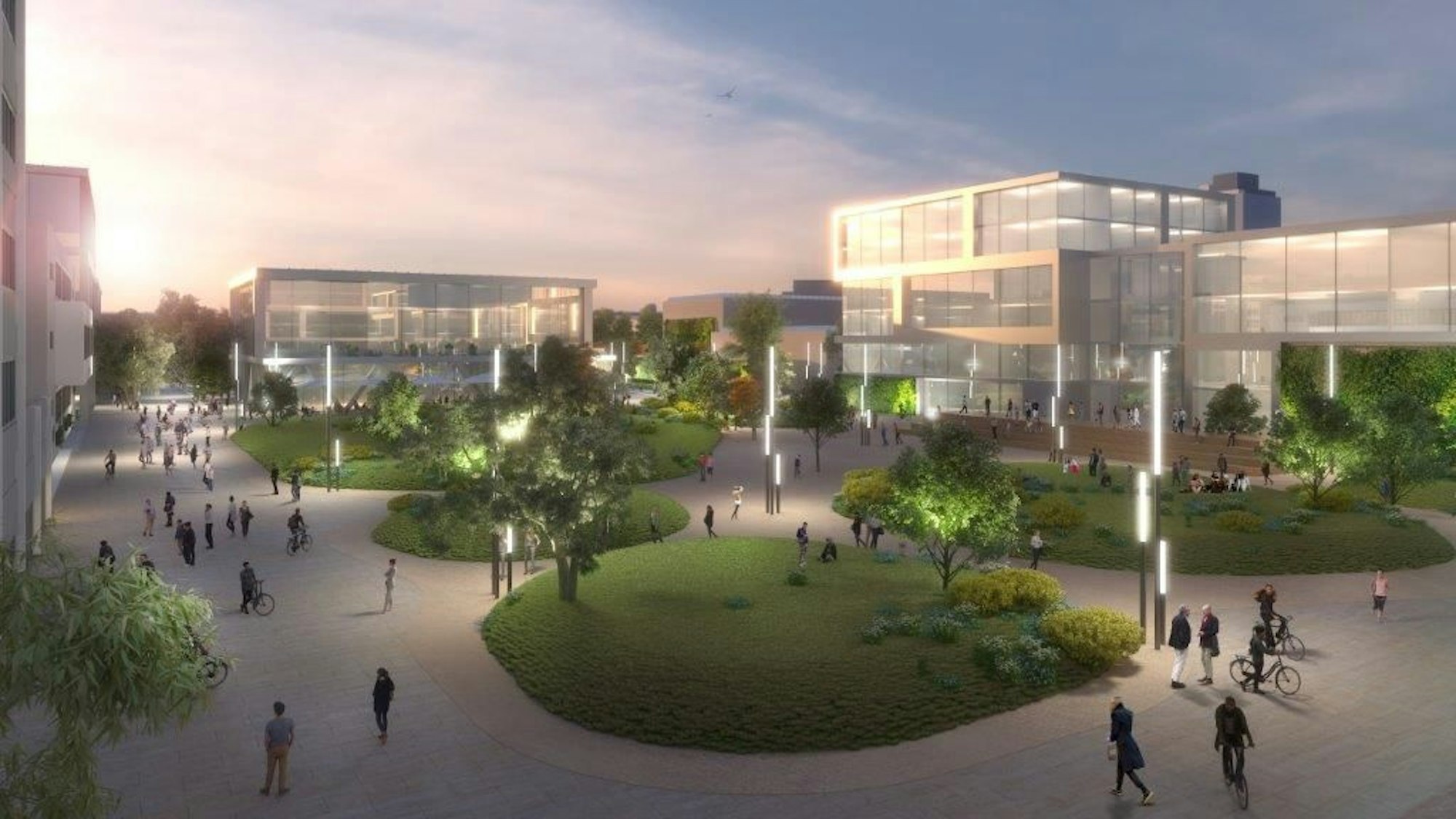 Visualisierung des BLB NRW: Grüne Inseln, breite Flaniermeile und helle Architektur