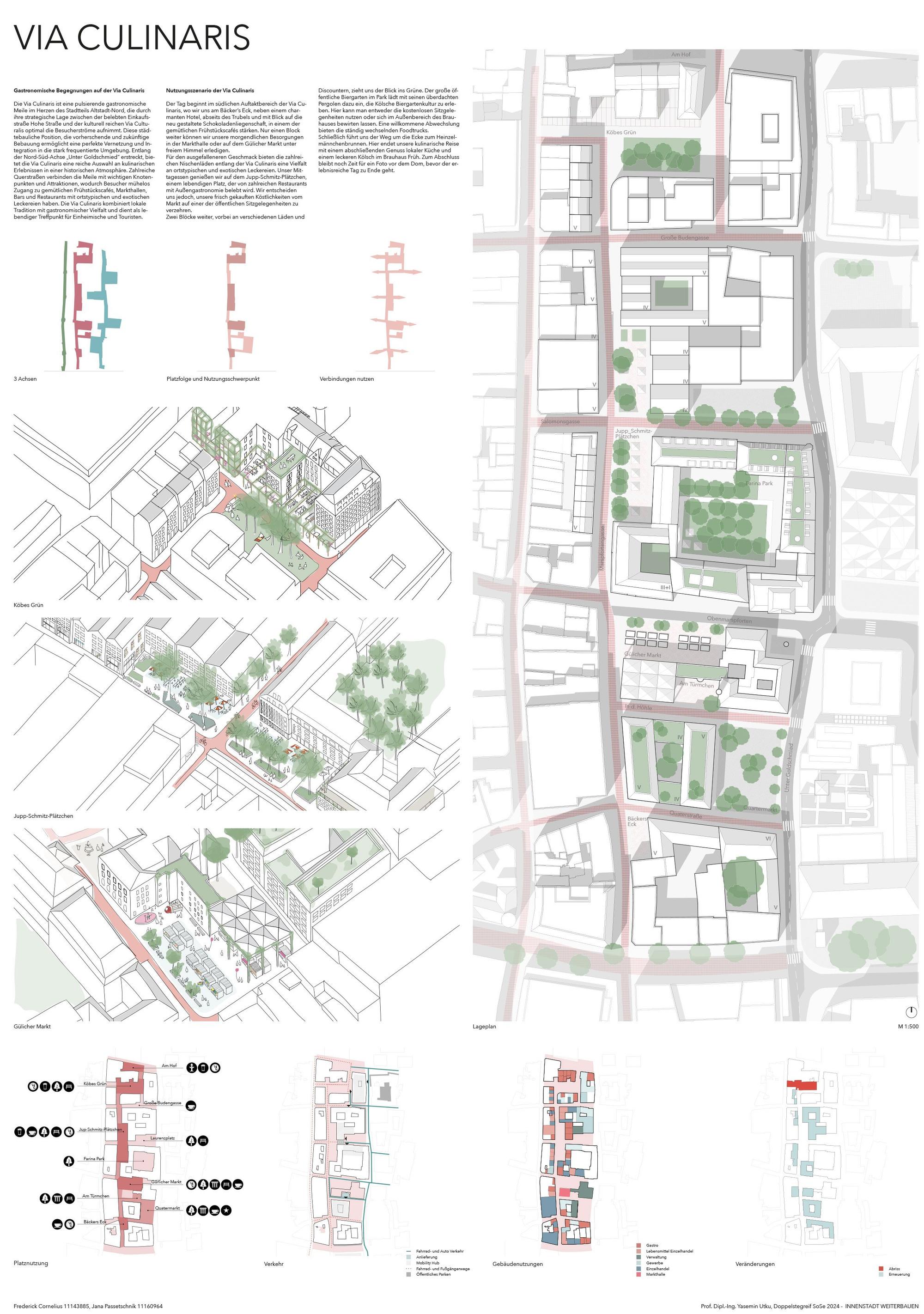 Der von der Technischen Hochschule Köln (TH Köln) zur Verfügung gestellte Entwurf zweier Studenten zeigt die Planung für eine Via Culinarius in der Kölner Innenstadt.