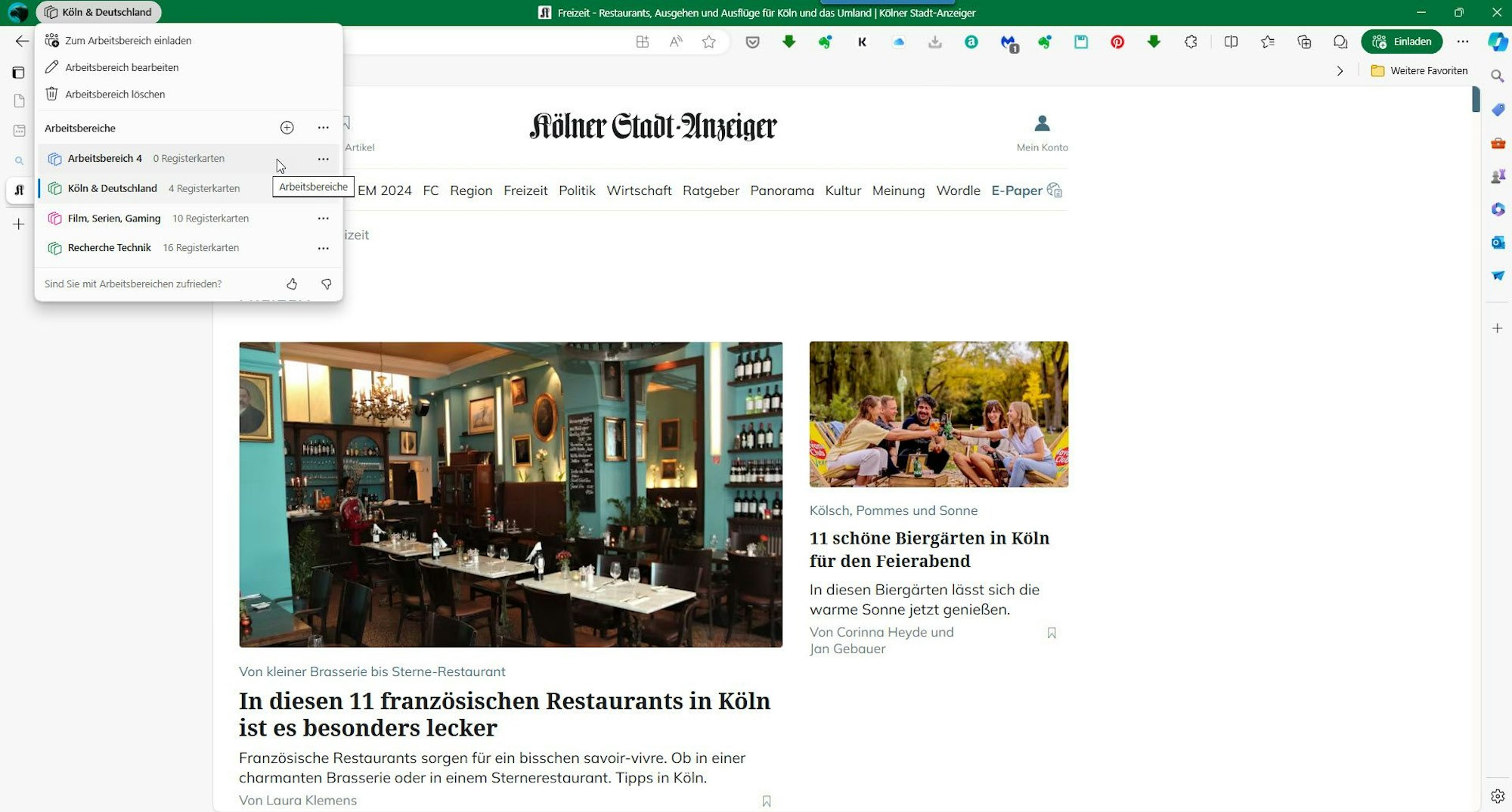 Screenshot des Microsoft-Edge-Browsers bei der Öffnung eines neuen Arbeitsbereichs