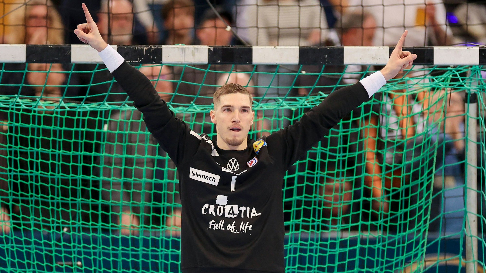 Zu sehen ist ein Handball-Torhüter der im Tor steht.