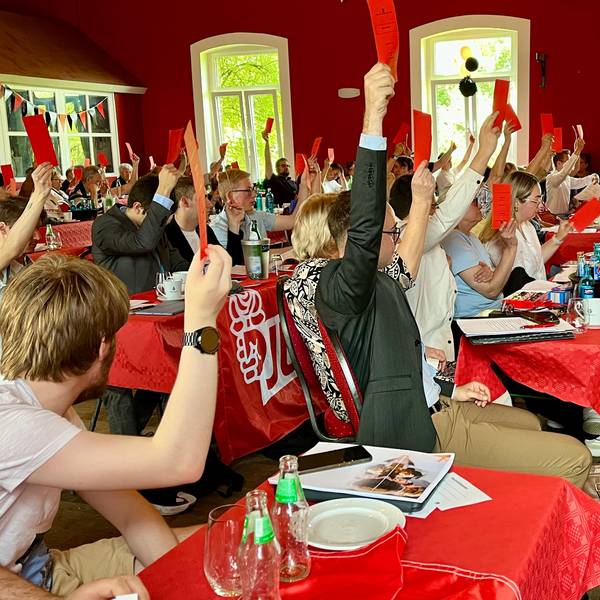 SPD-Mitglieder halten im Rheindorfer Saal Norhausen rote Stimmkarten hoch.