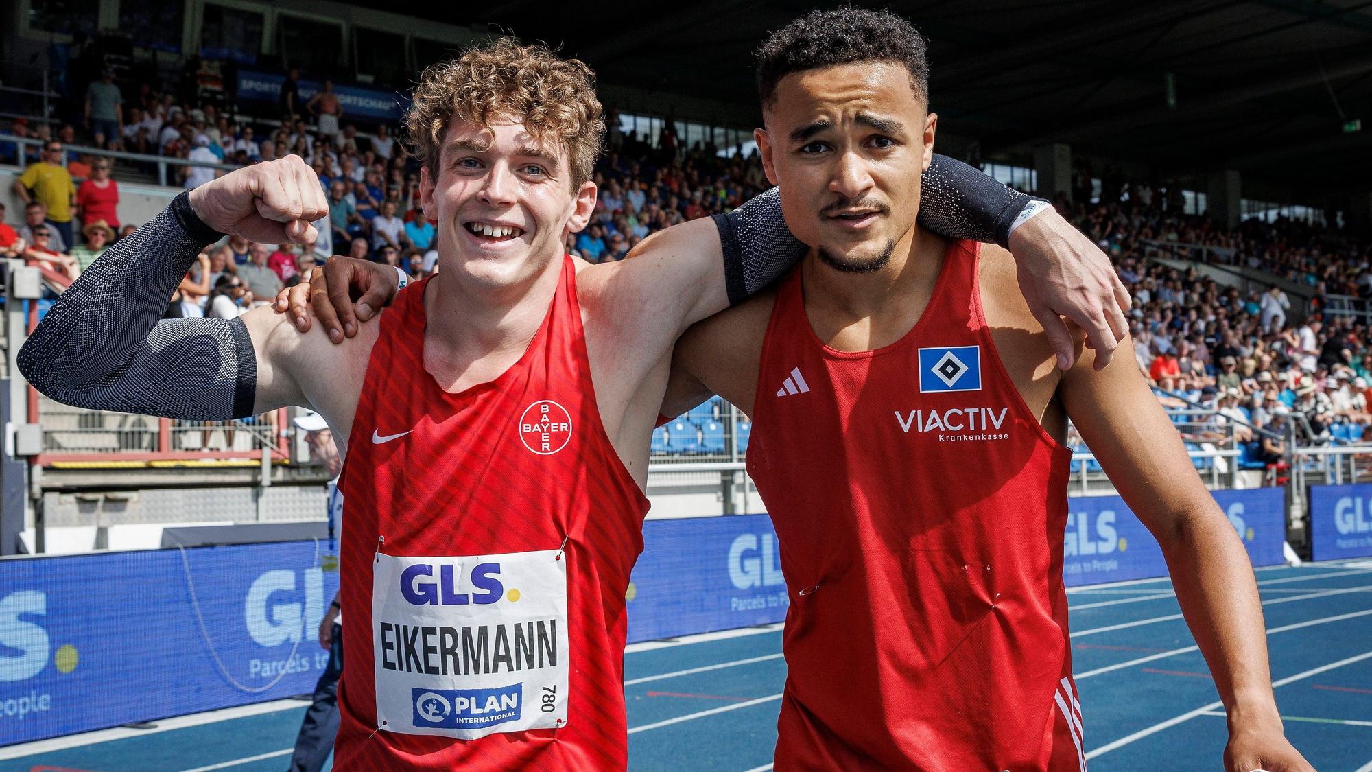 Deutsche Leichtathletik-Meisterschaften Braunschweig, 29.06.2024 Manuel Mordi Hamburger SV gewinnt die 110m Hürden, rechts, und Tim Eikermann TSV Bayer 04 Leverkusen wird Zweiter Deutsche Leichtathletik-Meisterschaften am 29.06.2024 im Eintracht-Stadion, Braunschweig Niedersachsen. *** German Athletics Championships Braunschweig, 29 06 2024 Manuel Mordi Hamburger SV wins the 110m hurdles, right, and Tim Eikermann TSV Bayer 04 Leverkusen finishes second German Athletics Championships on 29 06 2024 at Eintracht Stadium, Braunschweig Lower Saxony Copyright: xBEAUTIFULxSPORTS/AxelxKohringx