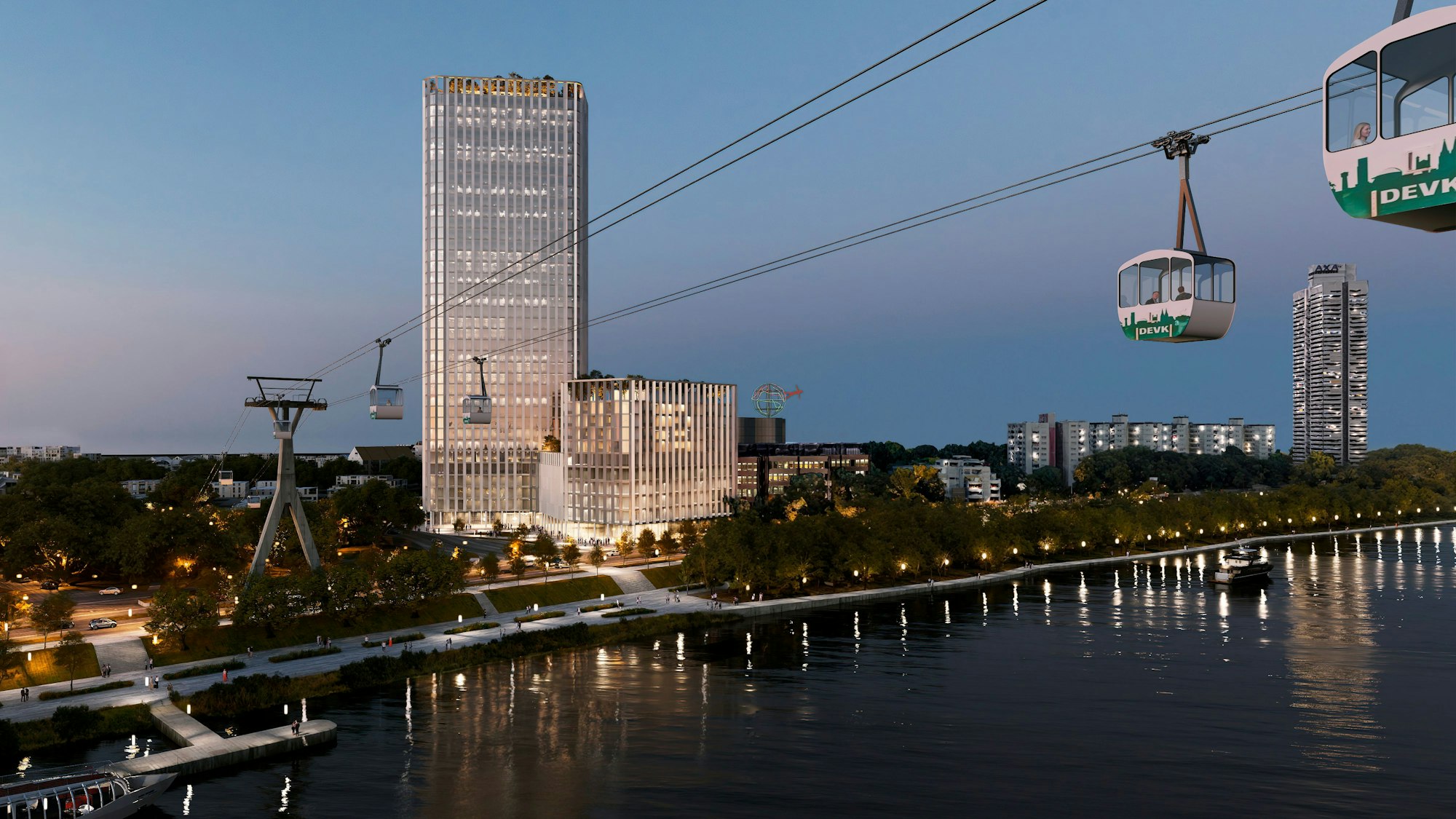 Links neben dem jetzigen DEVK-Gebäude soll ein neues Hochhaus entstehen - so könnte es aussehen.