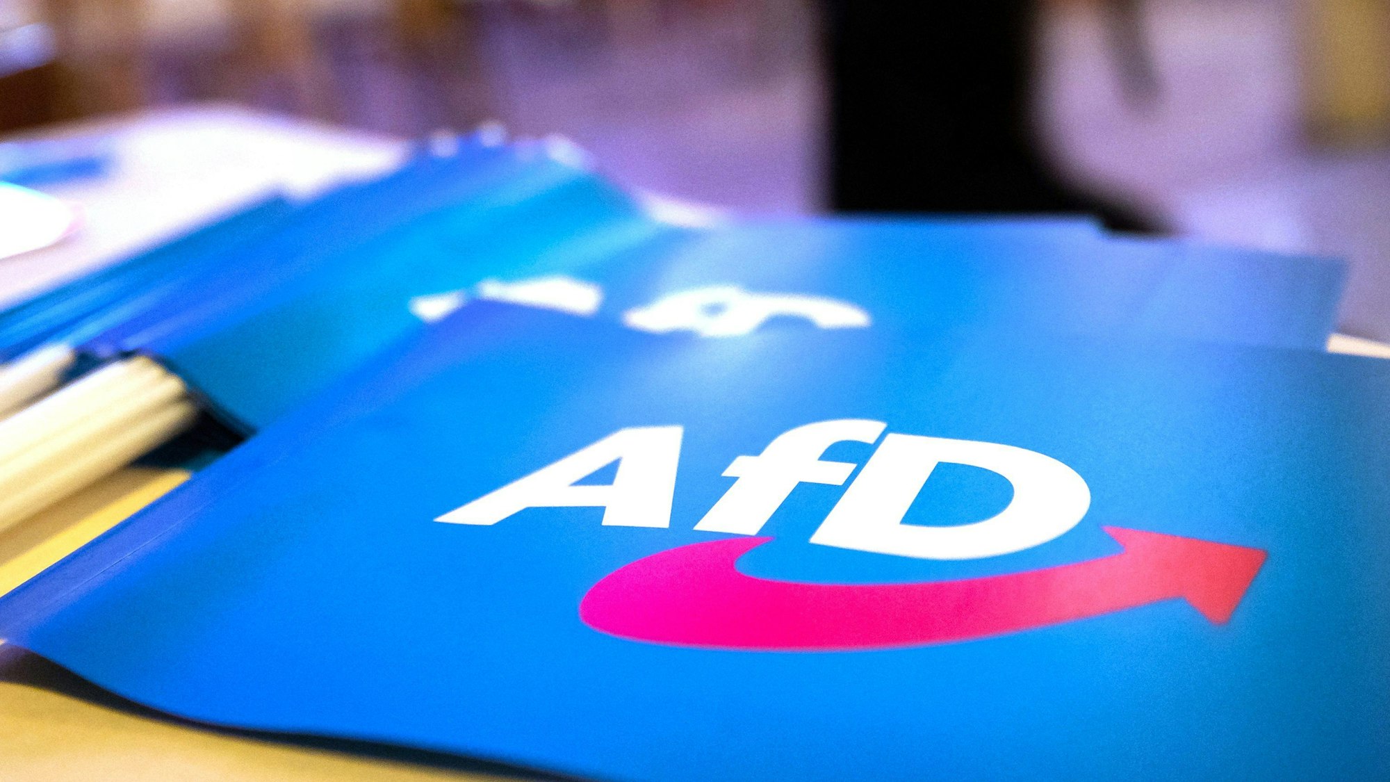 Bayern, Greding: Fähnchen mit dem Logo der AfD liegen auf einem Tisch. (Symbolbild)