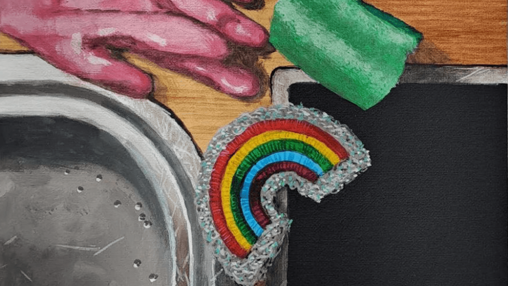 Malerei: Eine Spüle, dort ist ein Gummhandschu zu sehen, ein Schwamm und ein Schwamm in Regenbogenform: Dieses ist das Symbol für Queerness