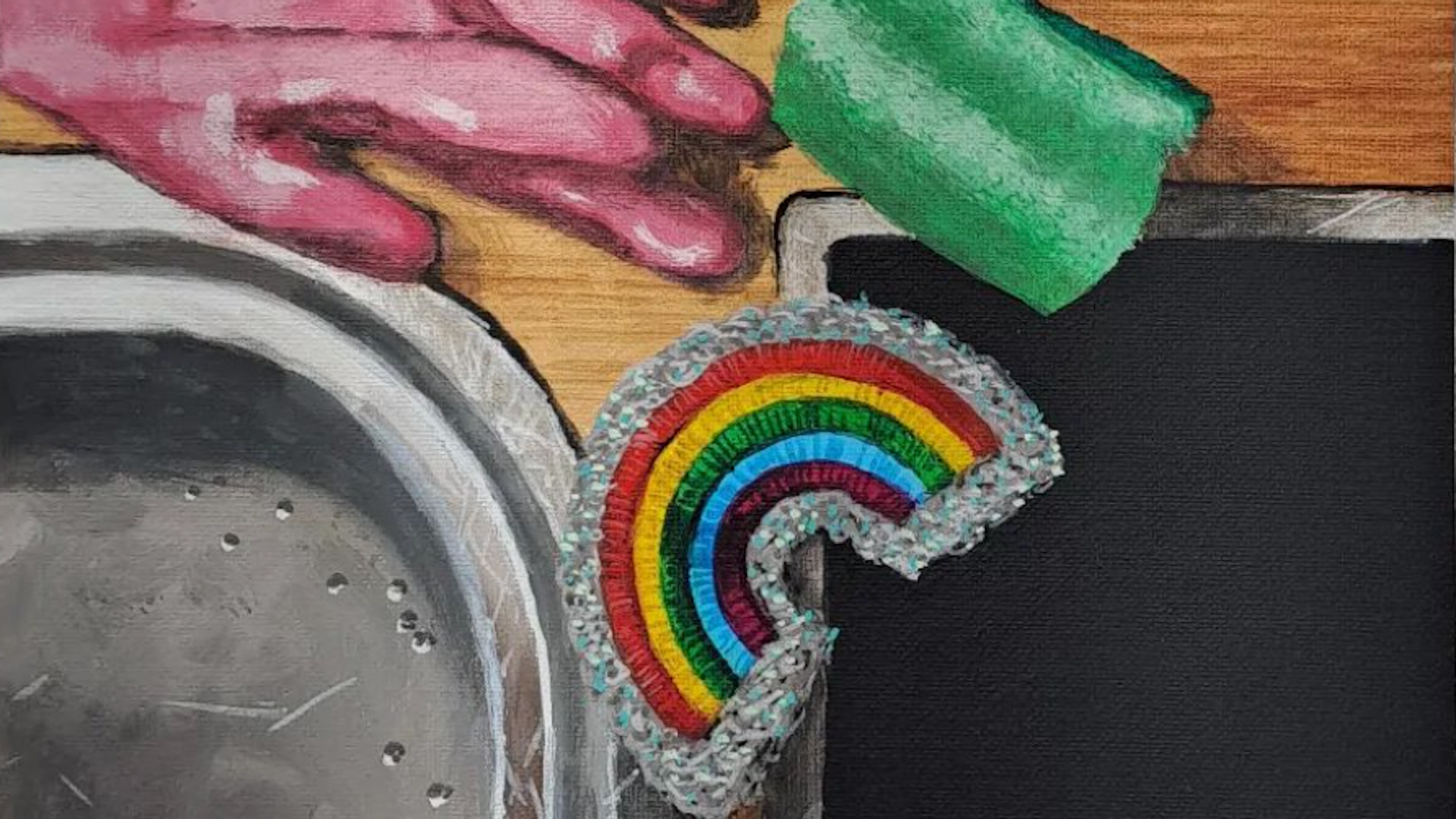 Malerei: Eine Spüle, dort ist ein Gummhandschu zu sehen, ein Schwamm und ein Schwamm in Regenbogenform: Dieses ist das Symbol für Queerness