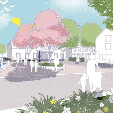 Die Grafik zeigt den umgestalteten Heier Platz mit einer Wasserlandschaft und vielen Bäumen - so könnte der Platz künftig aussehen.