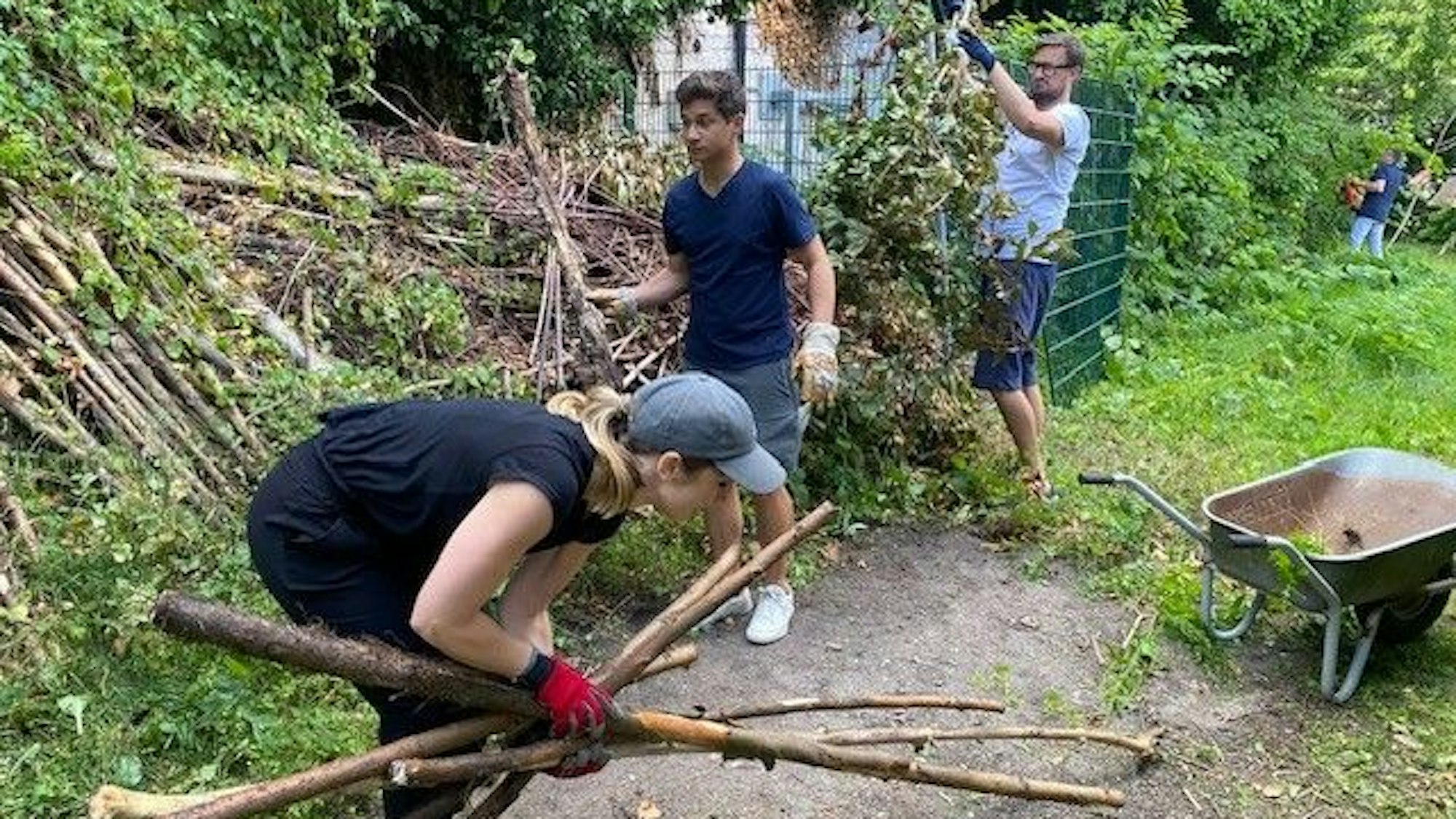 Drei Menschen räumen einen Garten auf. Sie tragen Äste.