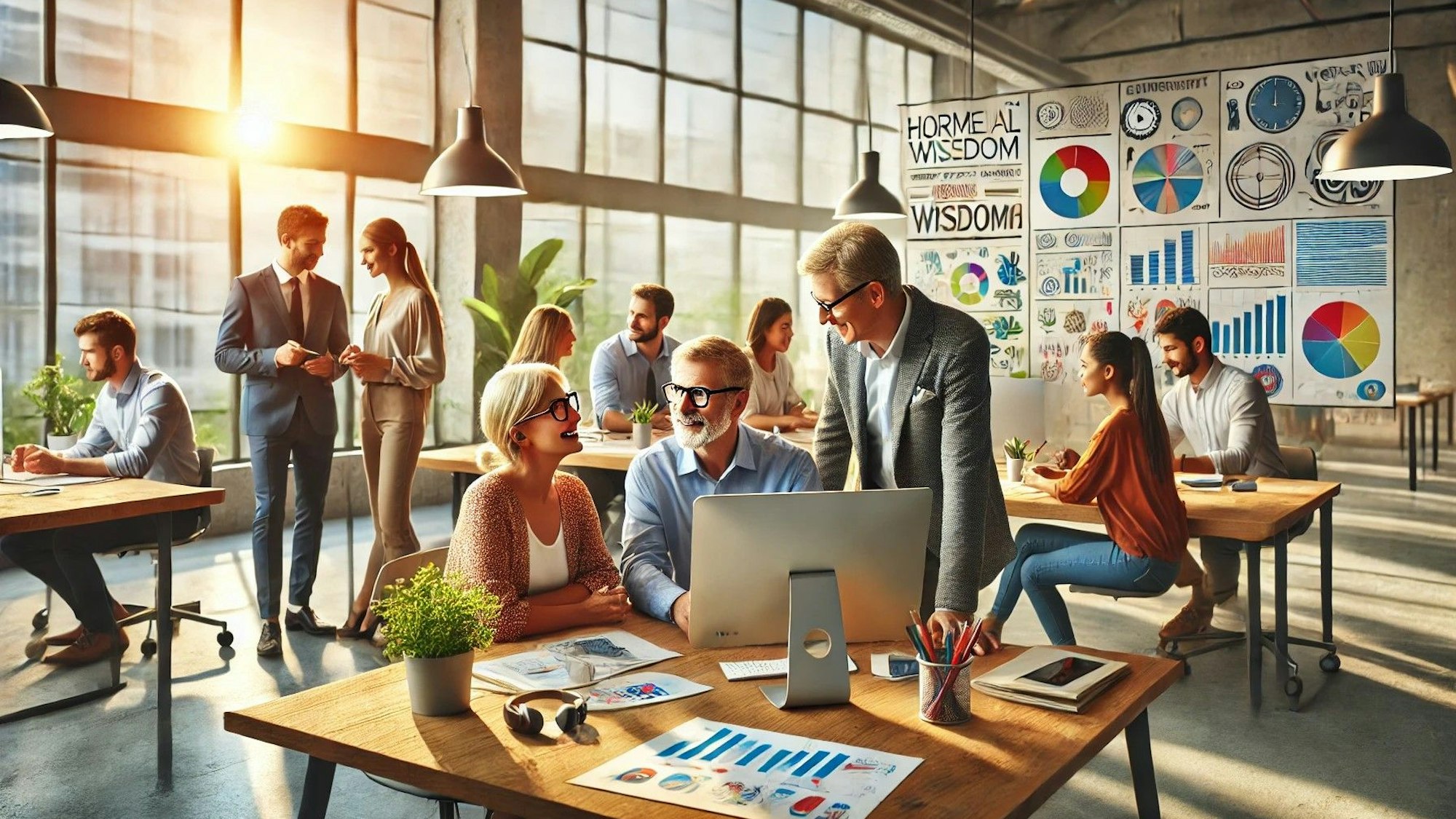 Das künstlich hergestellte Bild zeigt ein modernes Büro, lichtdurchflutet, mit großen Fenstern, Laptops auf den Tischen und Menschen unterschiedlichen Alters, die konzentriert und glücklich blickend zudammenarbeiten.