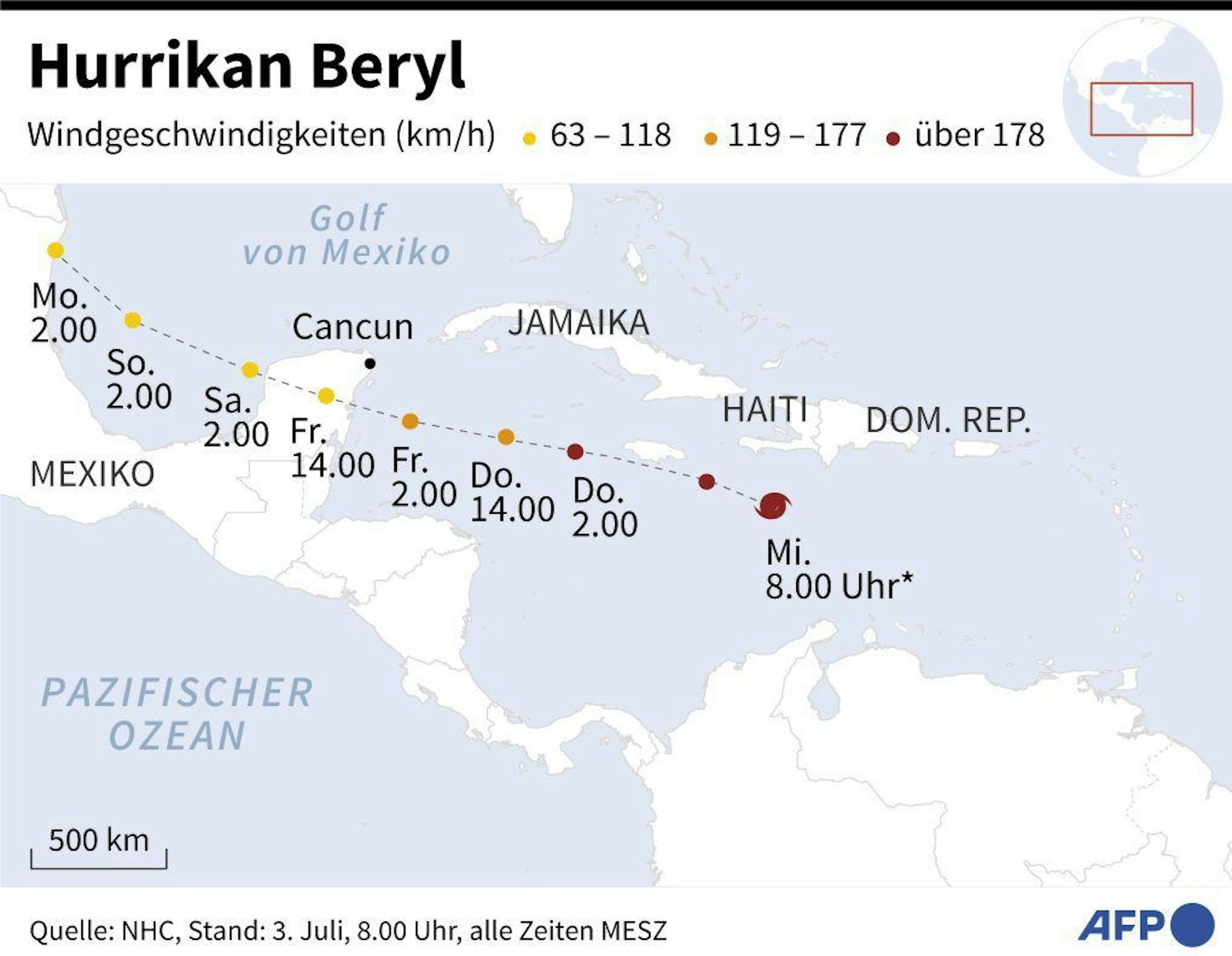 Eine Karte zeigt den erwarteten Weg des Hurrikans „Beryl“.