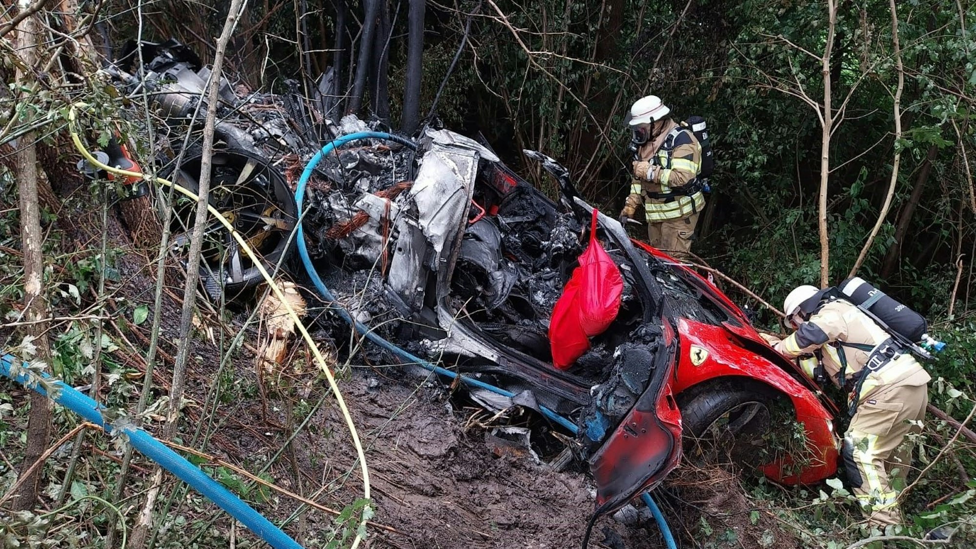 Feuerwehrleute stehen neben einem ausgebrannten Sportwagen.