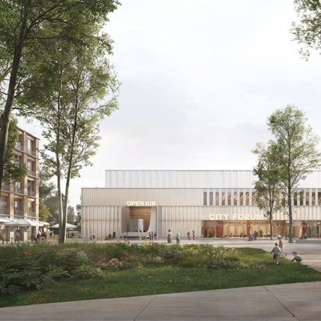 Der Entwurf zeigt das City-Forum und die Plaza mit Grünflächen, Bäumen und Sitzgelegenheiten.