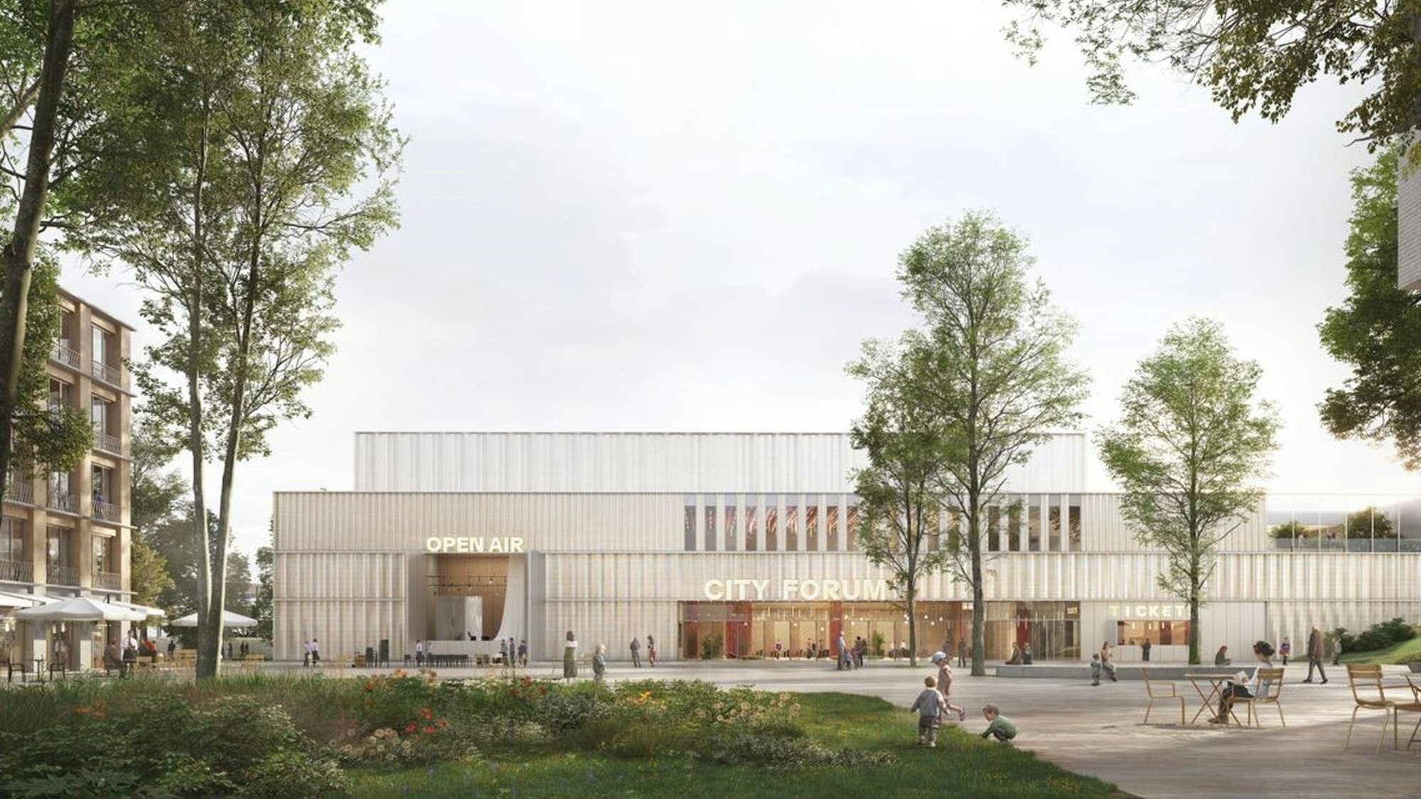 Der Entwurf zeigt das City-Forum und die Plaza mit Grünflächen, Bäumen und Sitzgelegenheiten.
