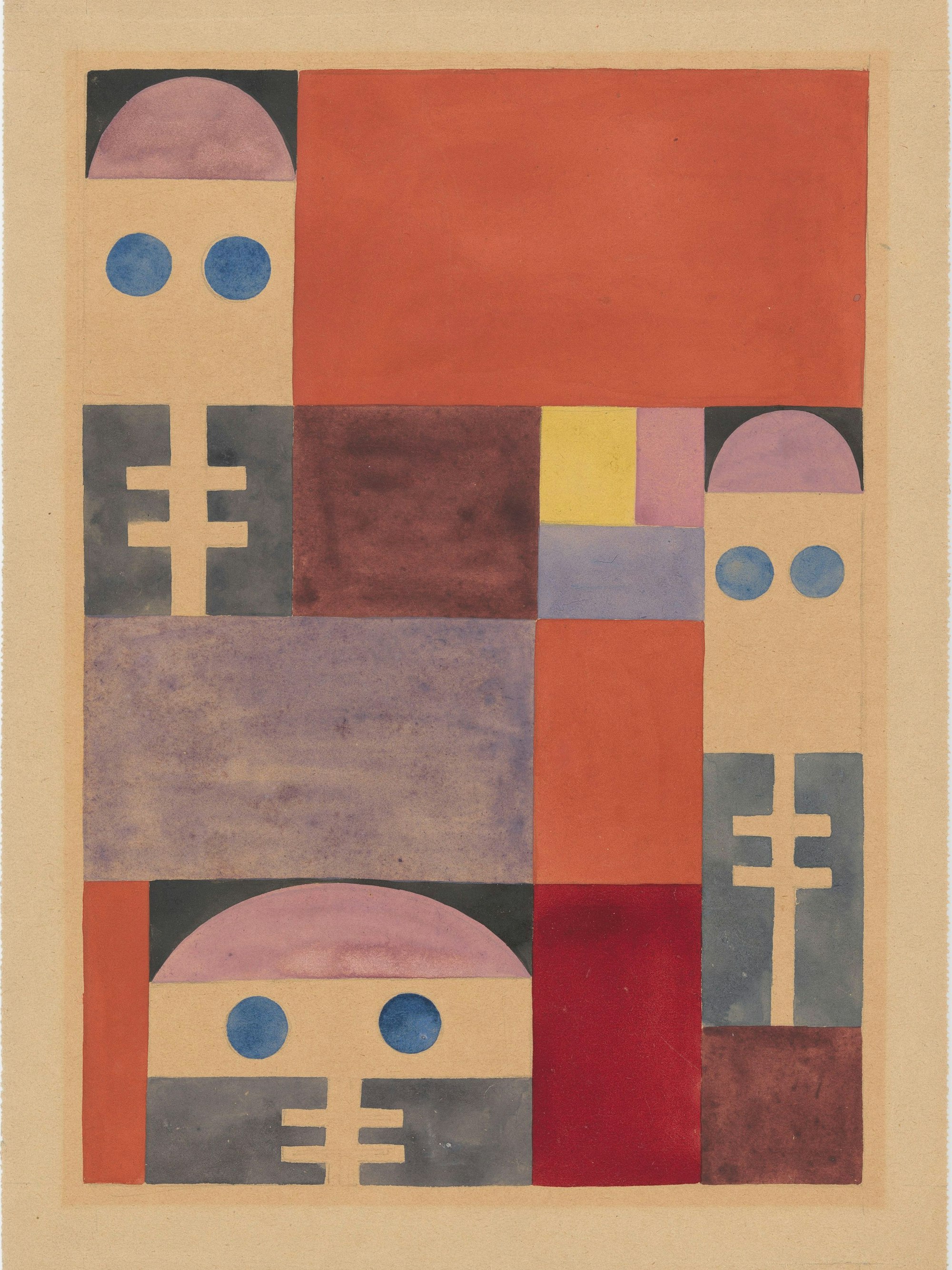 Drei Masken aus geometrischen Formen mit Punkten als Augen und Halbkreisen als Haaren.