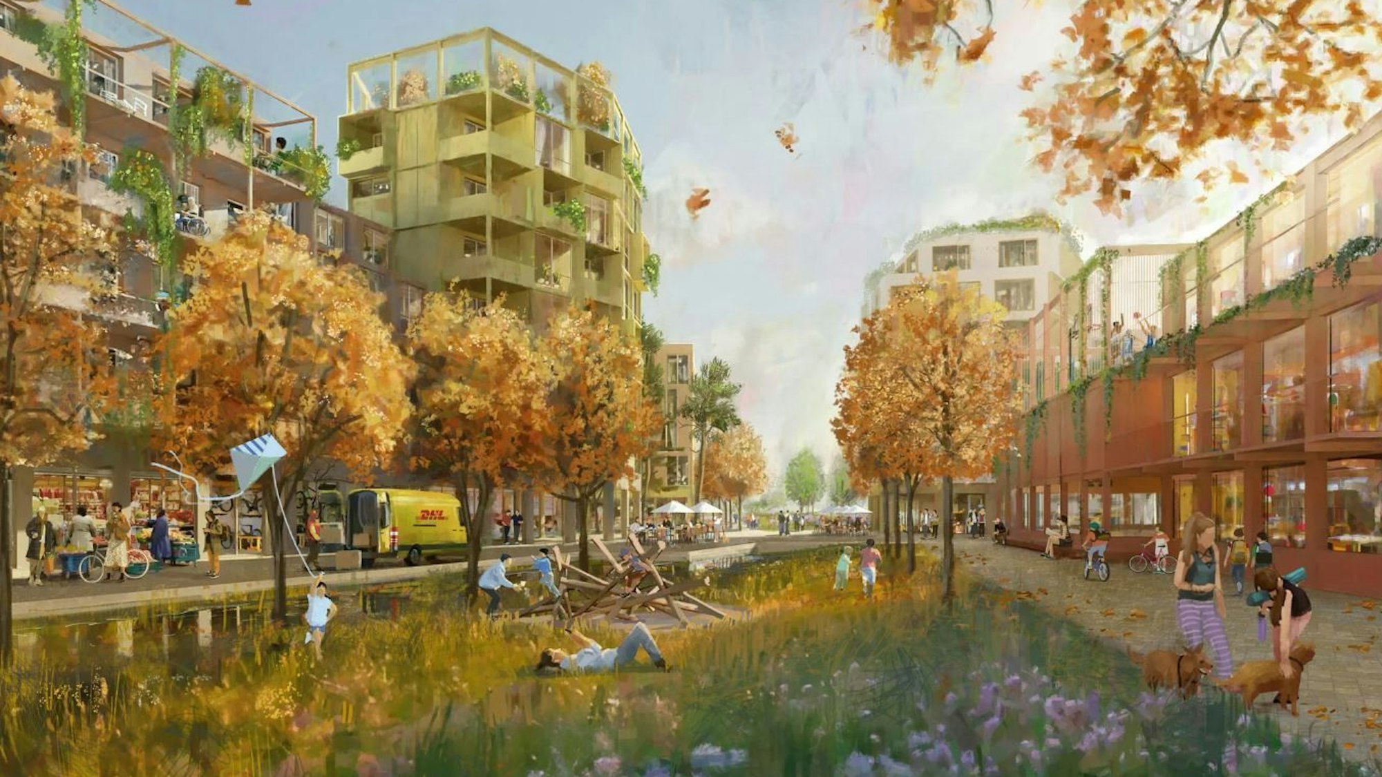 Der Siegerentwurf von Schellenberg + Bäumler Architekten (Dresden) und dem Studio grüngrau Landschaftsarchitekten (Düsseldorf) zeigt ein belebtes Wohnquartier im Herbst.