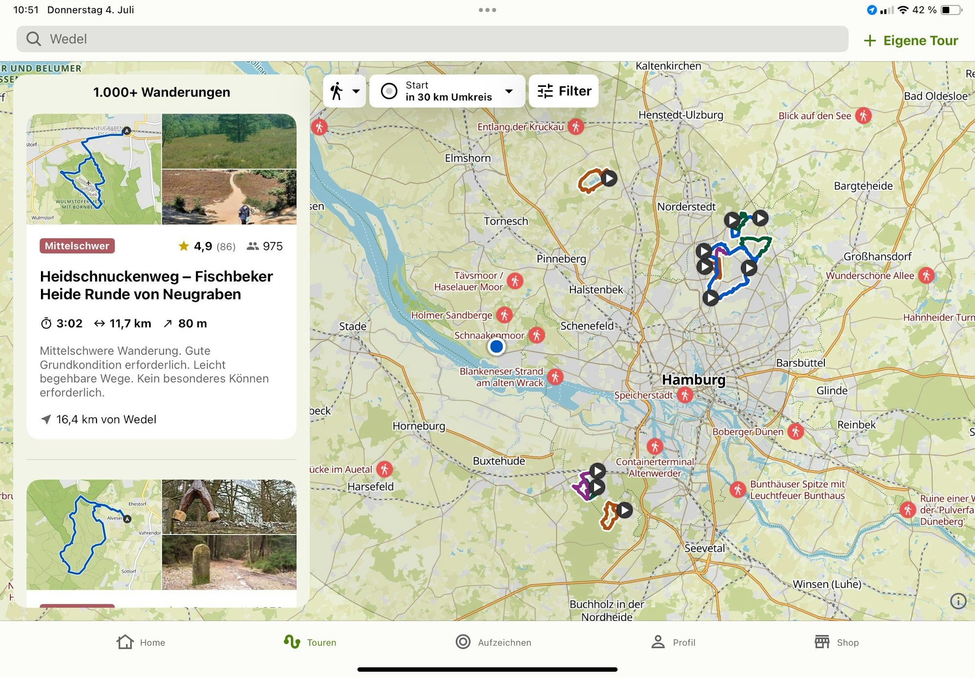 Screenshot einer Wanderung im Norden Hamburgs