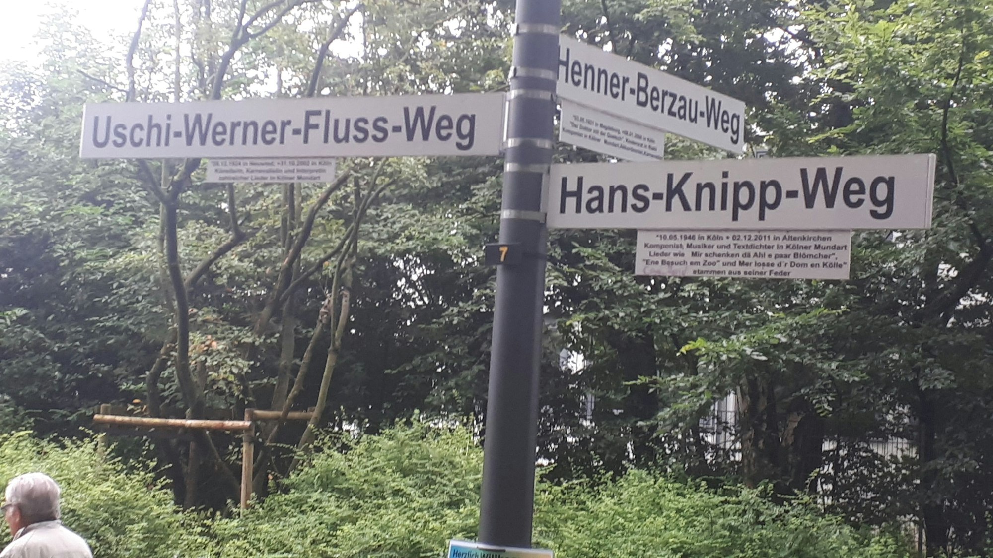 Zur Enthüllung der Schilder für Henner-Berzau-Weg, Uschi-Werner-Fluss-Weg und Hans-Knipp-Weg spielten das „Sakkokolonia“-Duo und „De Knippschaff“ im Park. Auch Ingrid Berzau, Tochter des Musikers, war zu Gast.