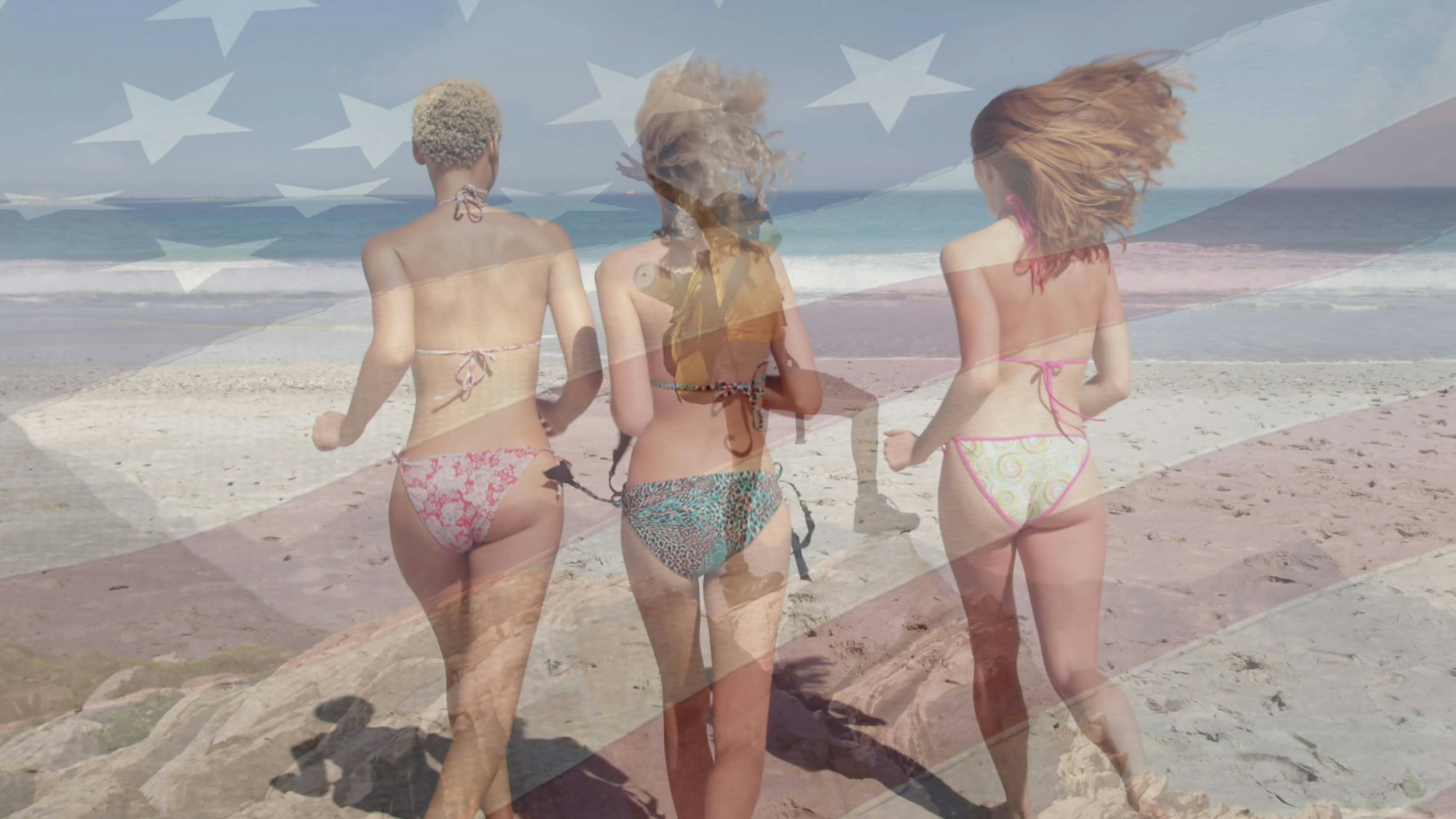 Drei Frauen in Bikinis rennen auf einem Strand Richtung Meer.