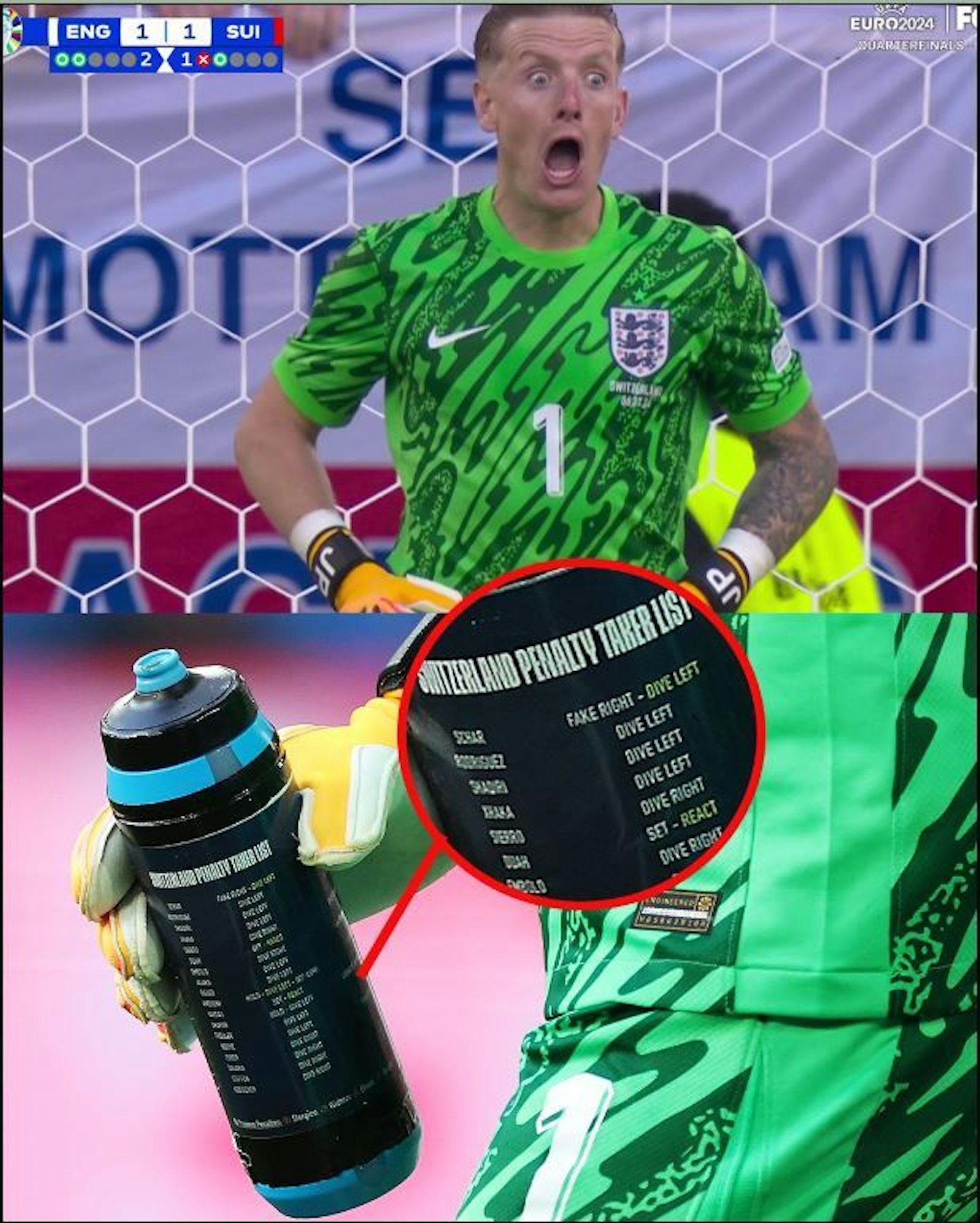 England-Torwart Jordan Pickford klebte sich einen Spickzettel zu den Schweizer Schützen an seine Trinkflasche.