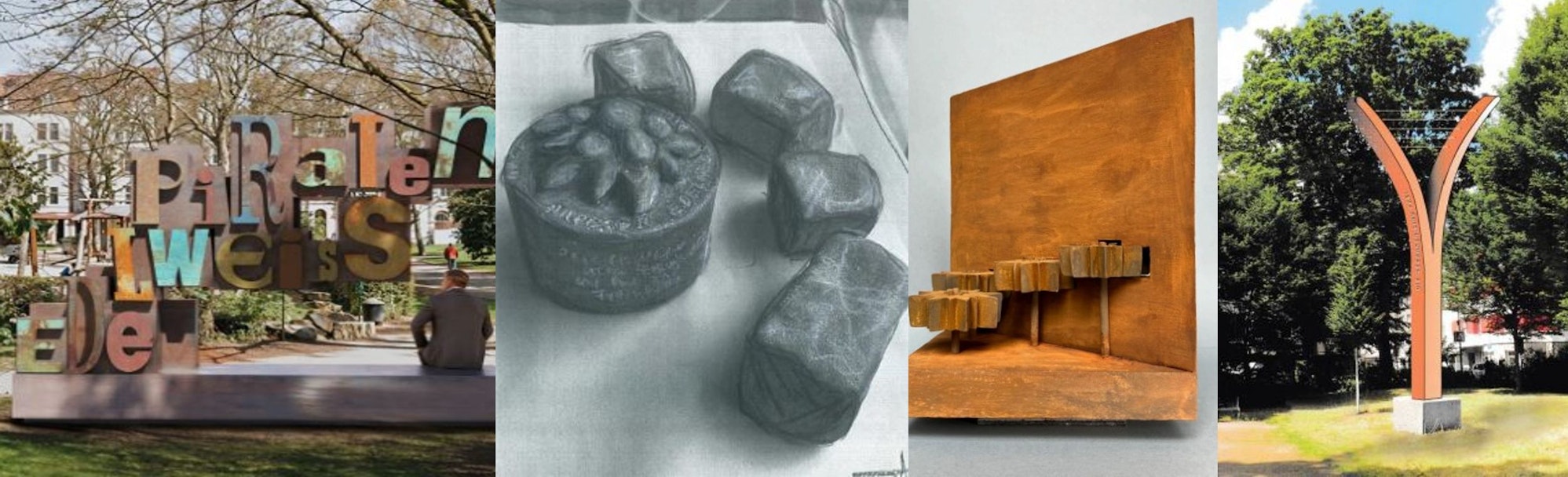 Die vier Entwürfe, die es beim Wettbewerb für das Edelweißpiraten-Denkmal in die Endausscheidung geschafft haben.