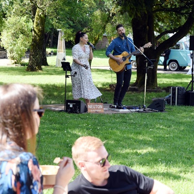 Zwei Musiker spielen und singen auf einer grünen Wiese, auf der Menschen picknicken.