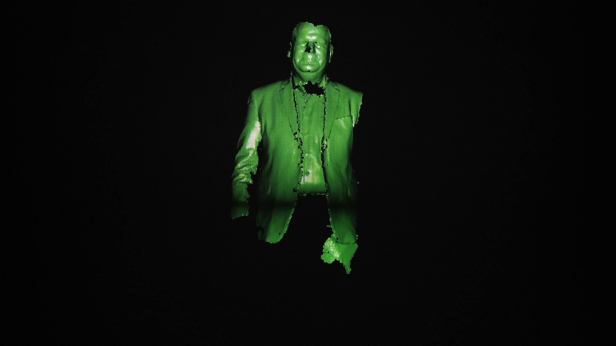Ein Abbild von Bundesarbeitsminister Hubertus Heil (SPD) ist in einem Labor des Max-Planck-Instituts für Intelligente Systeme auf einem Bildschirm eines 4D-Bodyscanners zu sehen