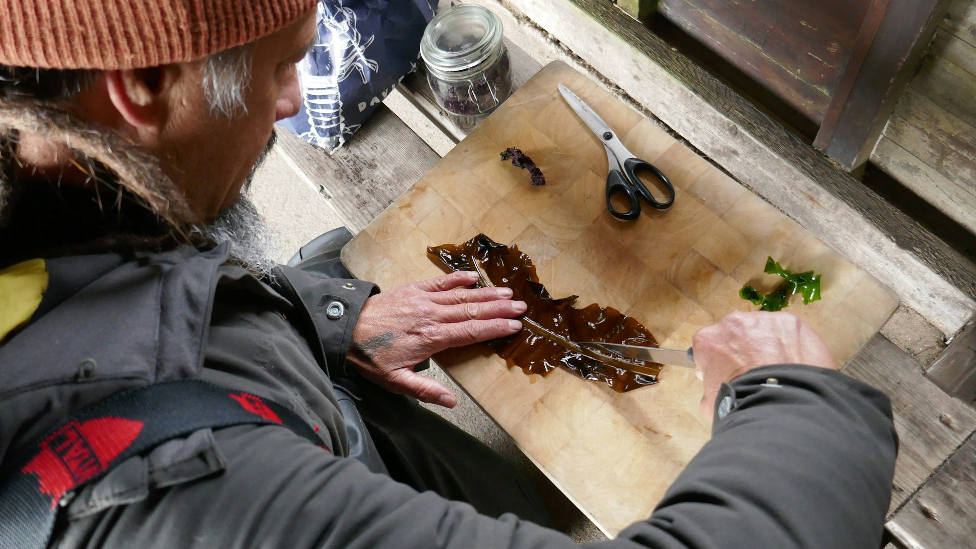 ARCHIV - Schneiden und dann Fisch damit einwickeln: Jayson Byles präpariert Flügeltang (Alaria esculenta).