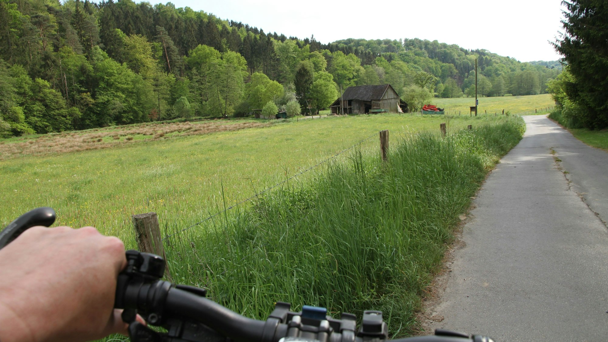 Ein Radler auf einem asphaltierten Weg in der Landschaft