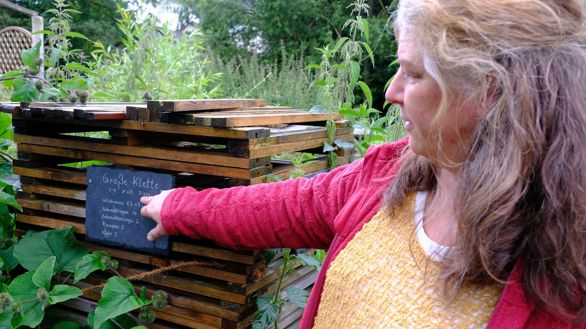 An einem Holzstapel ist eine Schiefertafel mit der Aufschrift „Große Klette“ angebracht, auf die Sonja König mit ausgestrecktem Arm zeigt.
