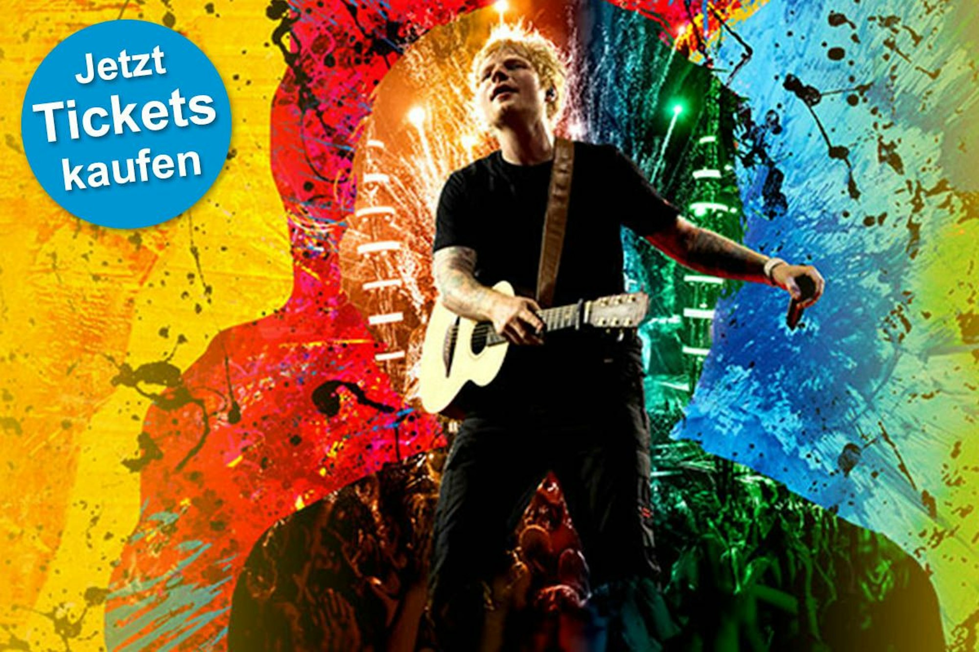 Ed Sheeran mit Gitarre vor einem bunn Hintergrun.Bild für Europ-Tour 2025