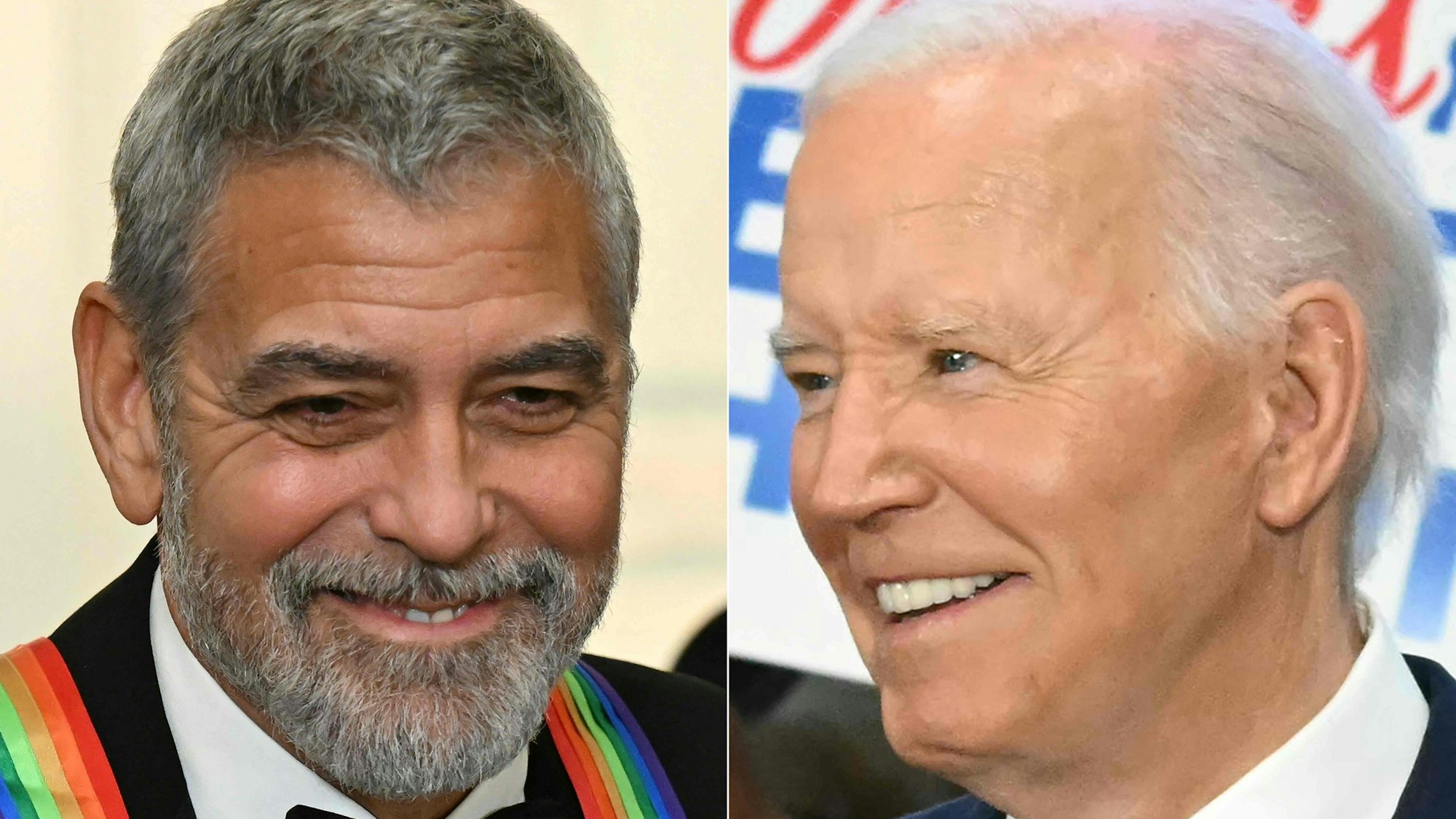 Collage aus Porträtfotos von George Clooney und Joe Biden.