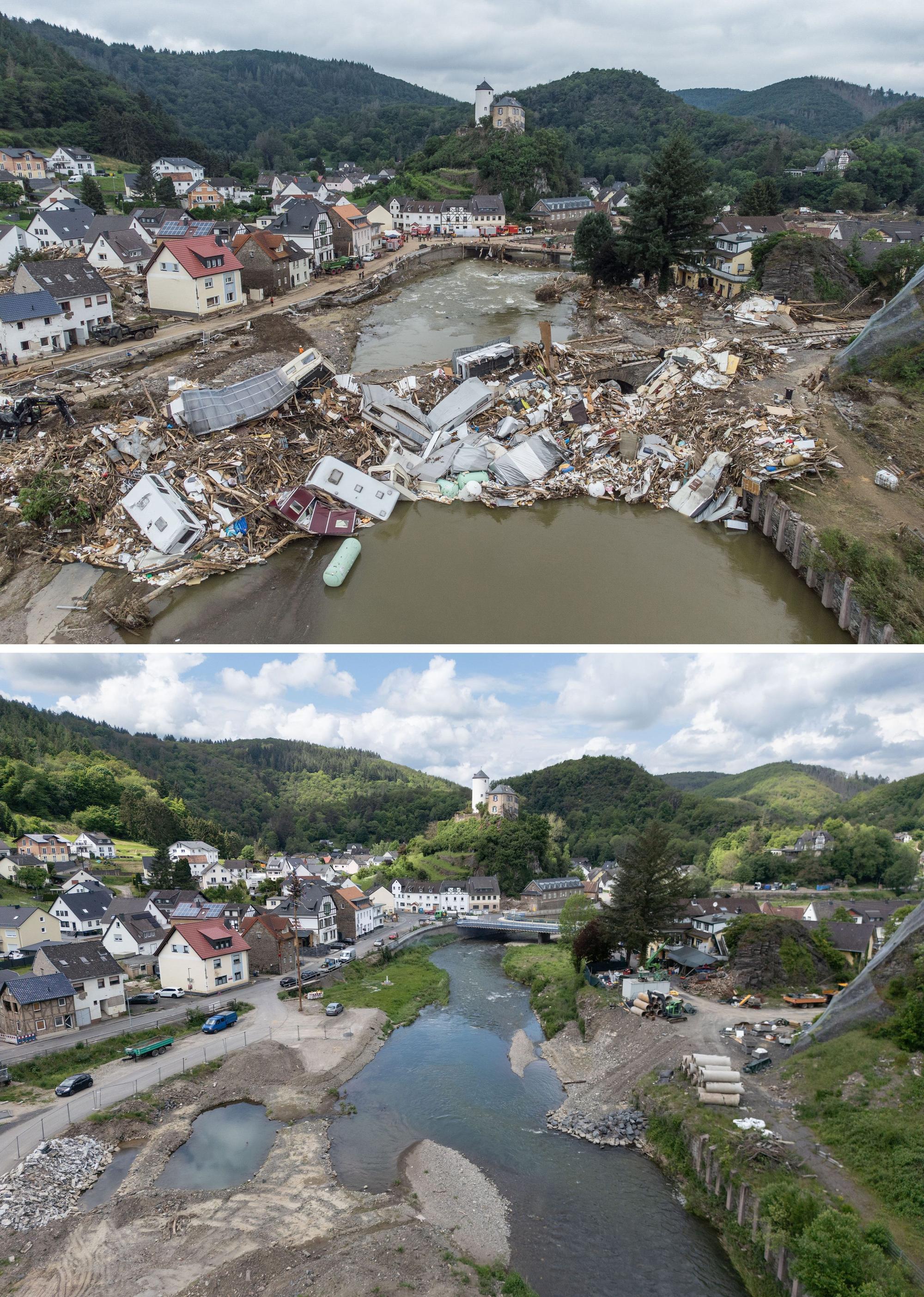 ARCHIV - 11.07.2024, Rheinland-Pfalz, Altenahr: KOMBO - Meterhoch türmen sich Wohnwagen, Gastanks, Bäume und Schrott an einer Brücke über der Ahr (oben, 19.07.2021). (Luftaufnahmen mit einer Drohne). Drei Jahre später ist die historische Eisenbahnbrücke mittlerweile abgerissen worden (unten, 14.05.2024). (Luftaufnahmen mit einer Drohne) Foto: Boris Roessler/dpa +++ dpa-Bildfunk +++