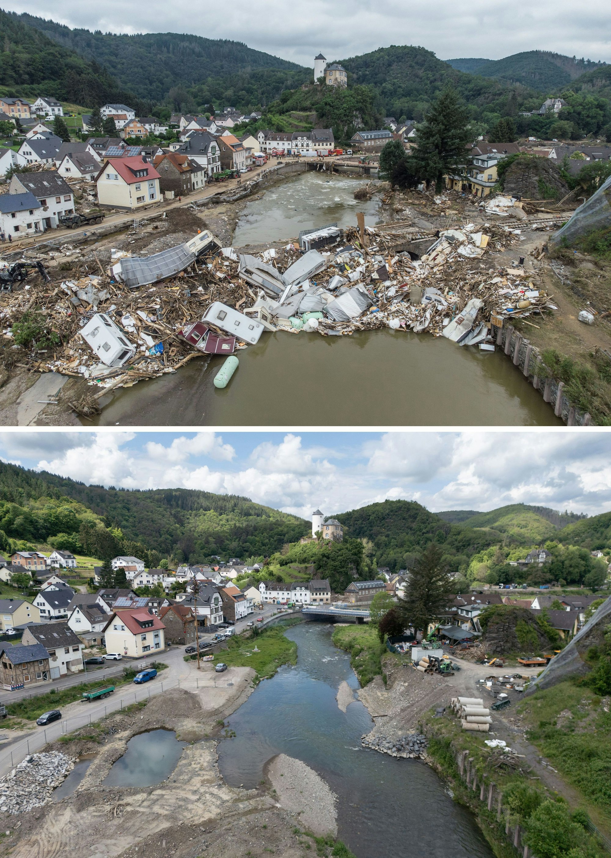 ARCHIV - 11.07.2024, Rheinland-Pfalz, Altenahr: KOMBO - Meterhoch türmen sich Wohnwagen, Gastanks, Bäume und Schrott an einer Brücke über der Ahr (oben, 19.07.2021). (Luftaufnahmen mit einer Drohne). Drei Jahre später ist die historische Eisenbahnbrücke mittlerweile abgerissen worden (unten, 14.05.2024). (Luftaufnahmen mit einer Drohne) Foto: Boris Roessler/dpa +++ dpa-Bildfunk +++